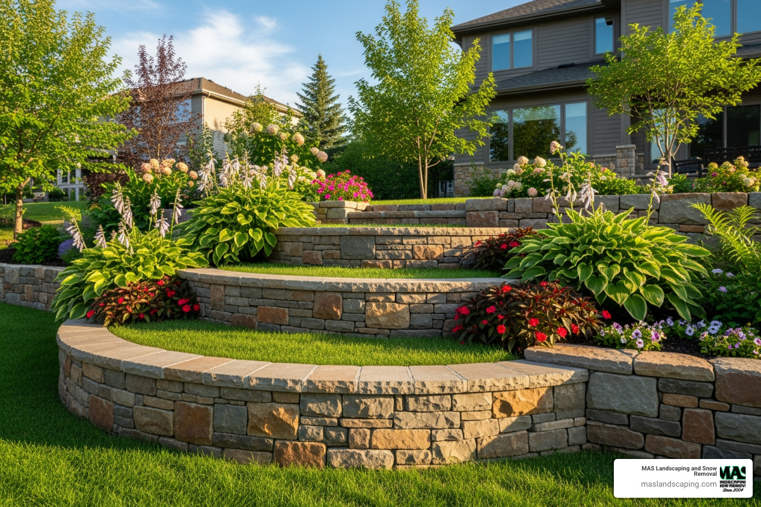 a beautiful tiered stone retaining wall in a residential backyard - Retaining Wall Cost