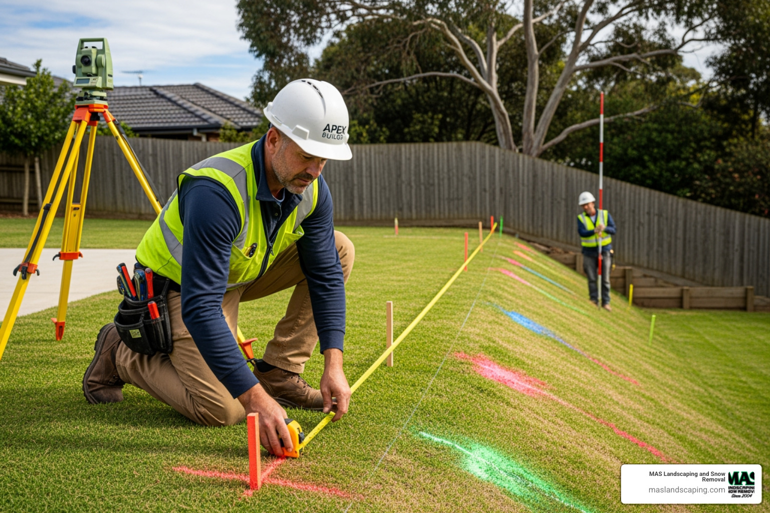 a contractor measuring a site for a retaining wall - Retaining Wall Cost