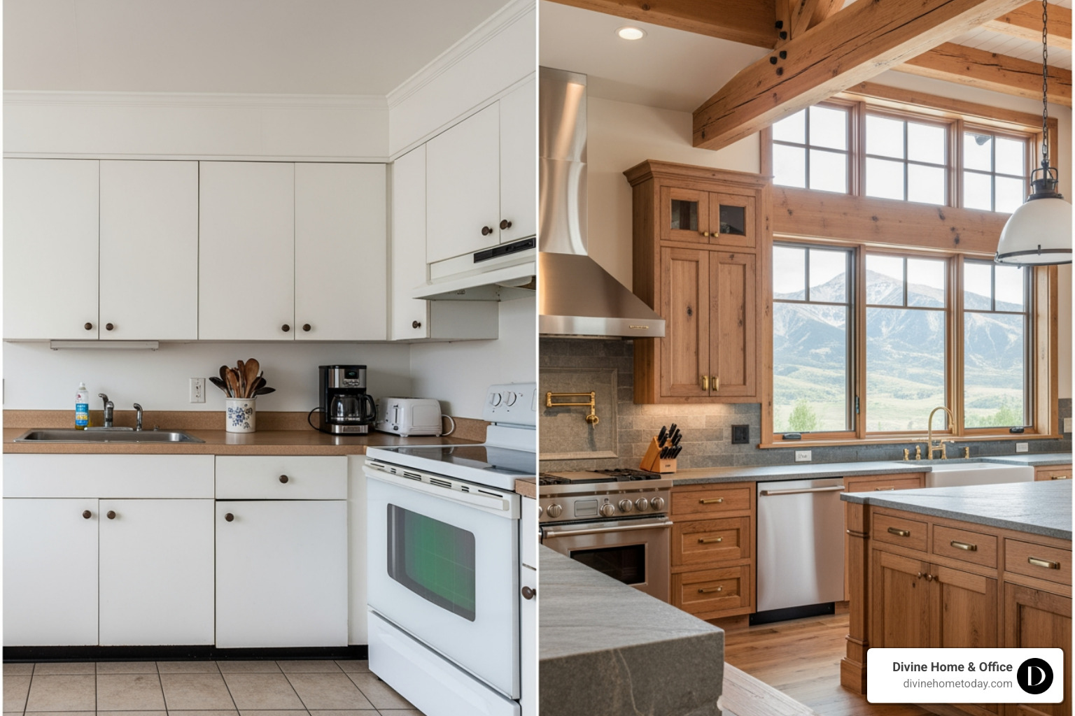 Split-screen showing a basic vs. a luxury kitchen design - 3bhk interior design package price