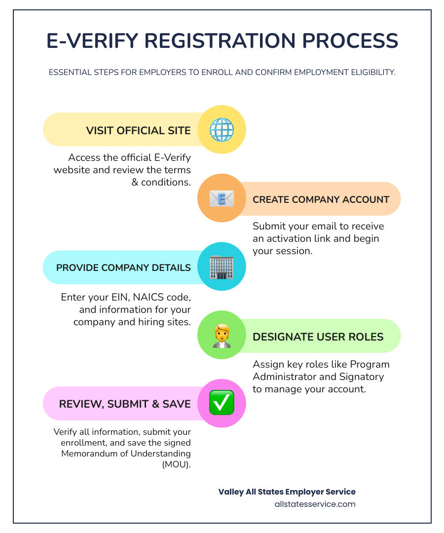 Infographic detailing the E-Verify registration steps - E-Verify registration process infographic infographic-line-5-steps-colors