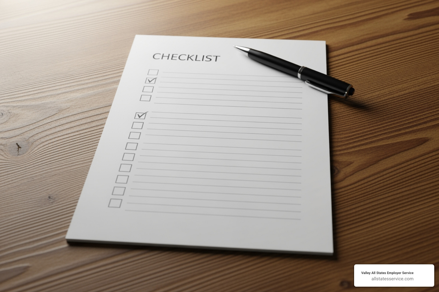 A checklist graphic on a desk - E-Verify registration process