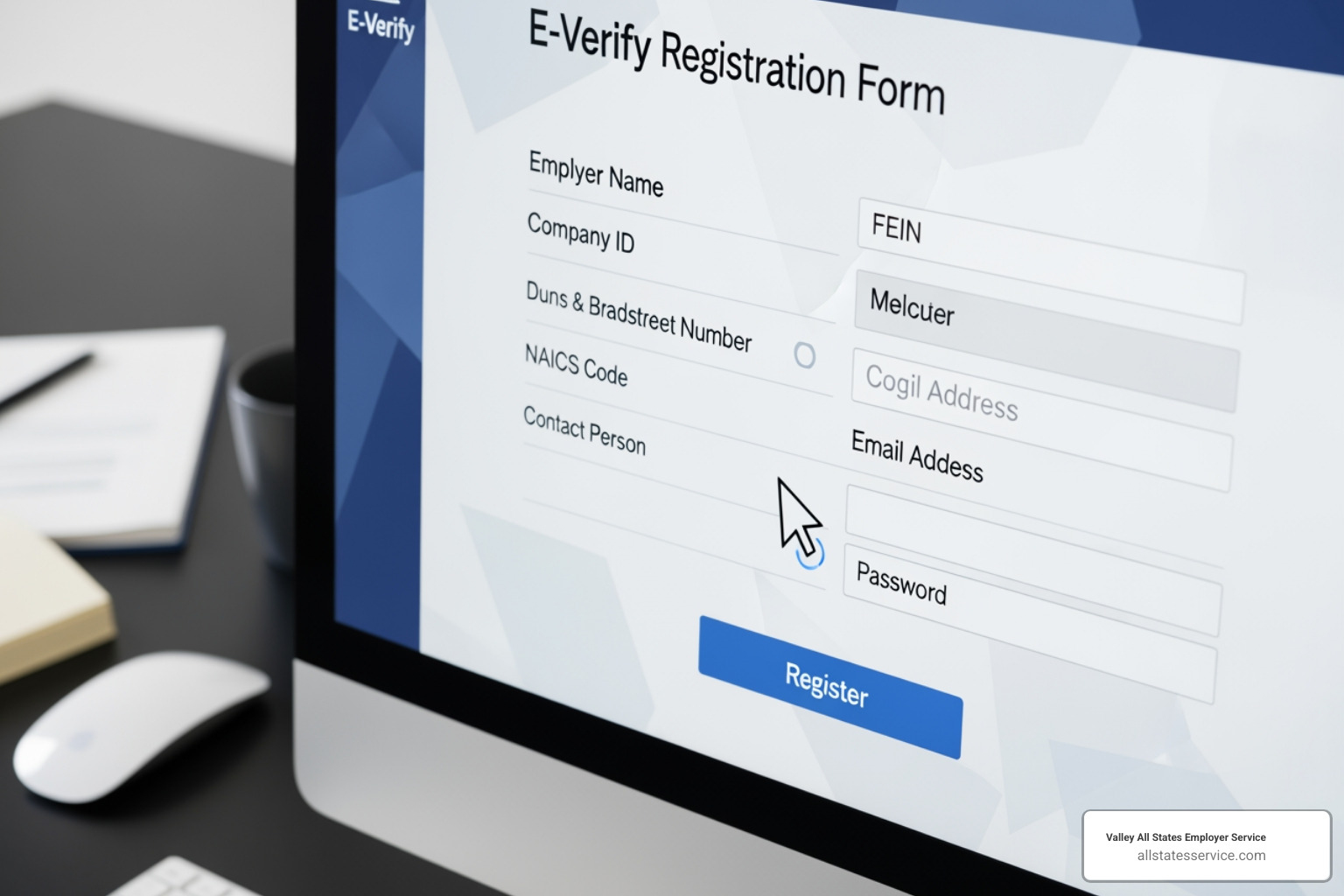 The E-Verify enrollment website homepage - E-Verify registration process