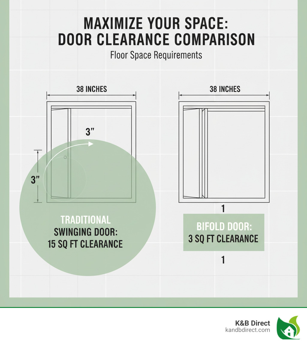Infographic comparing floor space requirements: traditional swinging door requiring 15 square feet of clearance versus bifold door requiring only 3 square feet, shown in a bedroom floor plan layout with measurements - 38 inch bifold closet doors infographic 