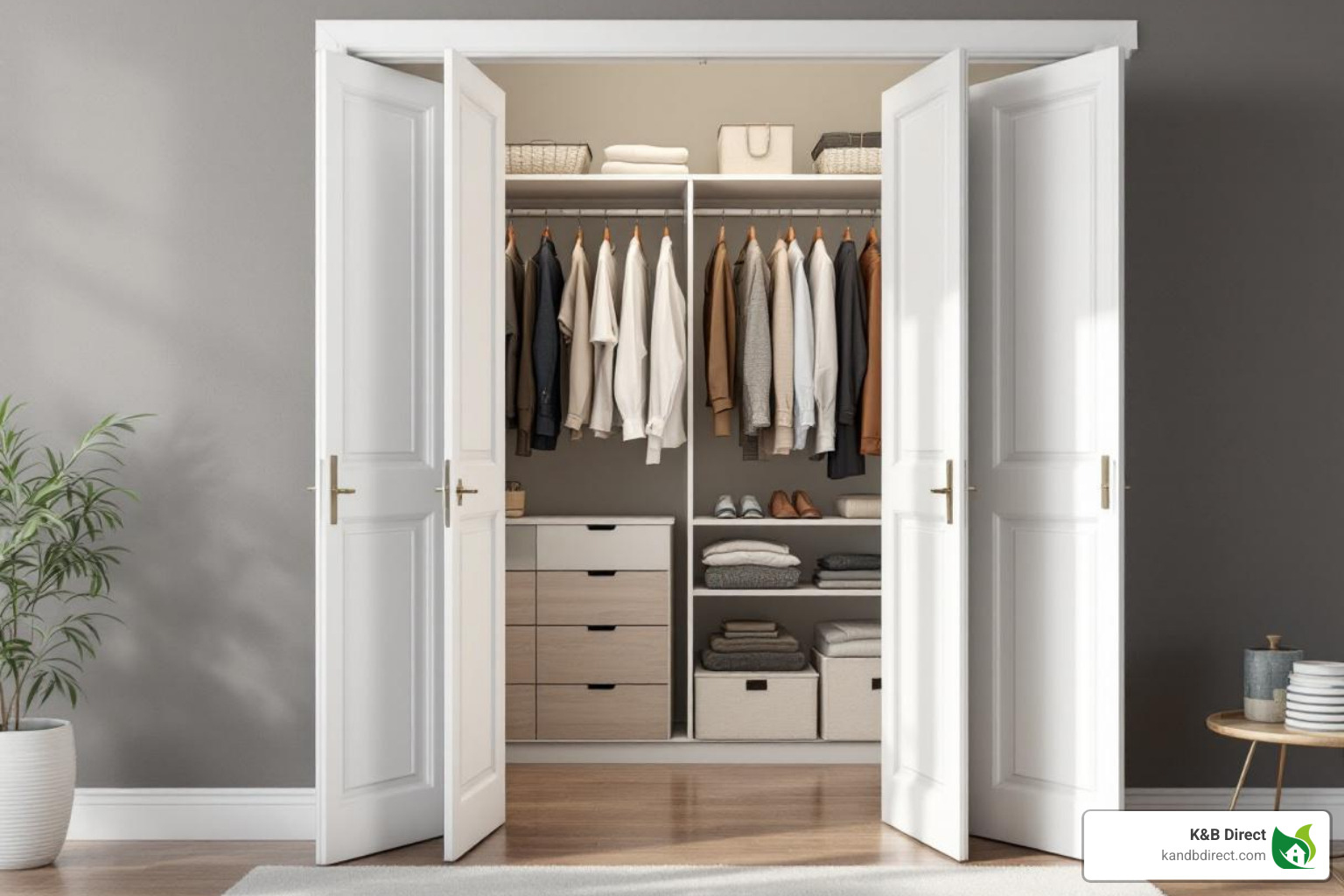 of an open bifold door showing unobstructed access to a well-organized closet. - 38 inch bifold closet doors