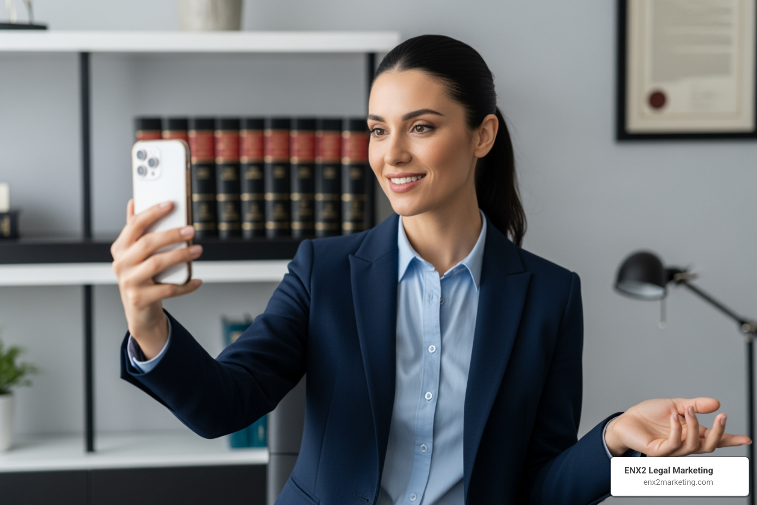 A lawyer filming a TikTok video in a modern office setting, holding a smartphone and smiling, with legal books subtly in the background. - TikTok for law firms
