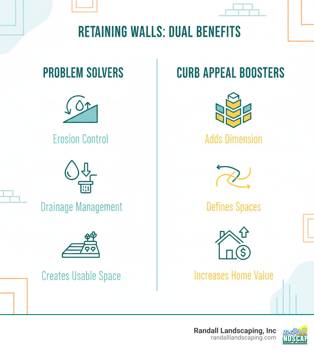 Infographic explaining the dual benefits of retaining walls: "Problem Solvers" (Erosion Control, Drainage Management, Creates Usable Space) vs. "Curb Appeal Boosters" (Adds Dimension, Defines Spaces, Increases Home Value). - Front yard retaining wall infographic Infographic explaining the dual benefits of retaining walls: "Problem Solvers" (Erosion Control, Drainage Management, Creates Usable Space) vs. "Curb Appeal Boosters" (Adds Dimension, Defines Spaces, Increases Home Value). - Front yard retaining wall infographic