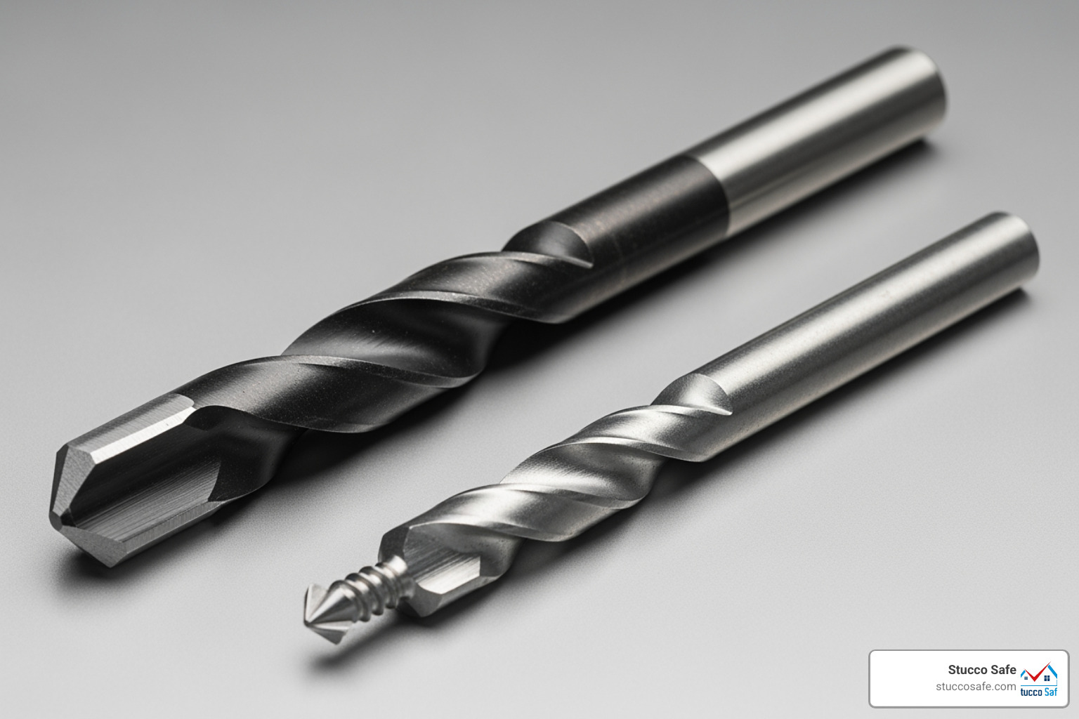 a masonry drill bit next to a standard wood drill bit for comparison. - stucco drill bit a masonry drill bit next to a standard wood drill bit for comparison. - stucco drill bit