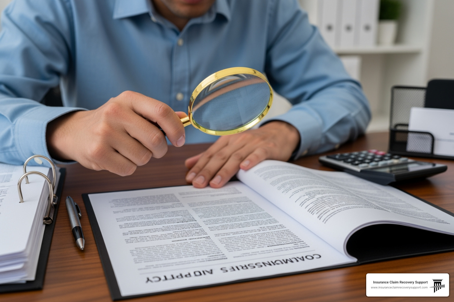 Person reviewing commercial insurance policy document with magnifying glass - Property damage recovery