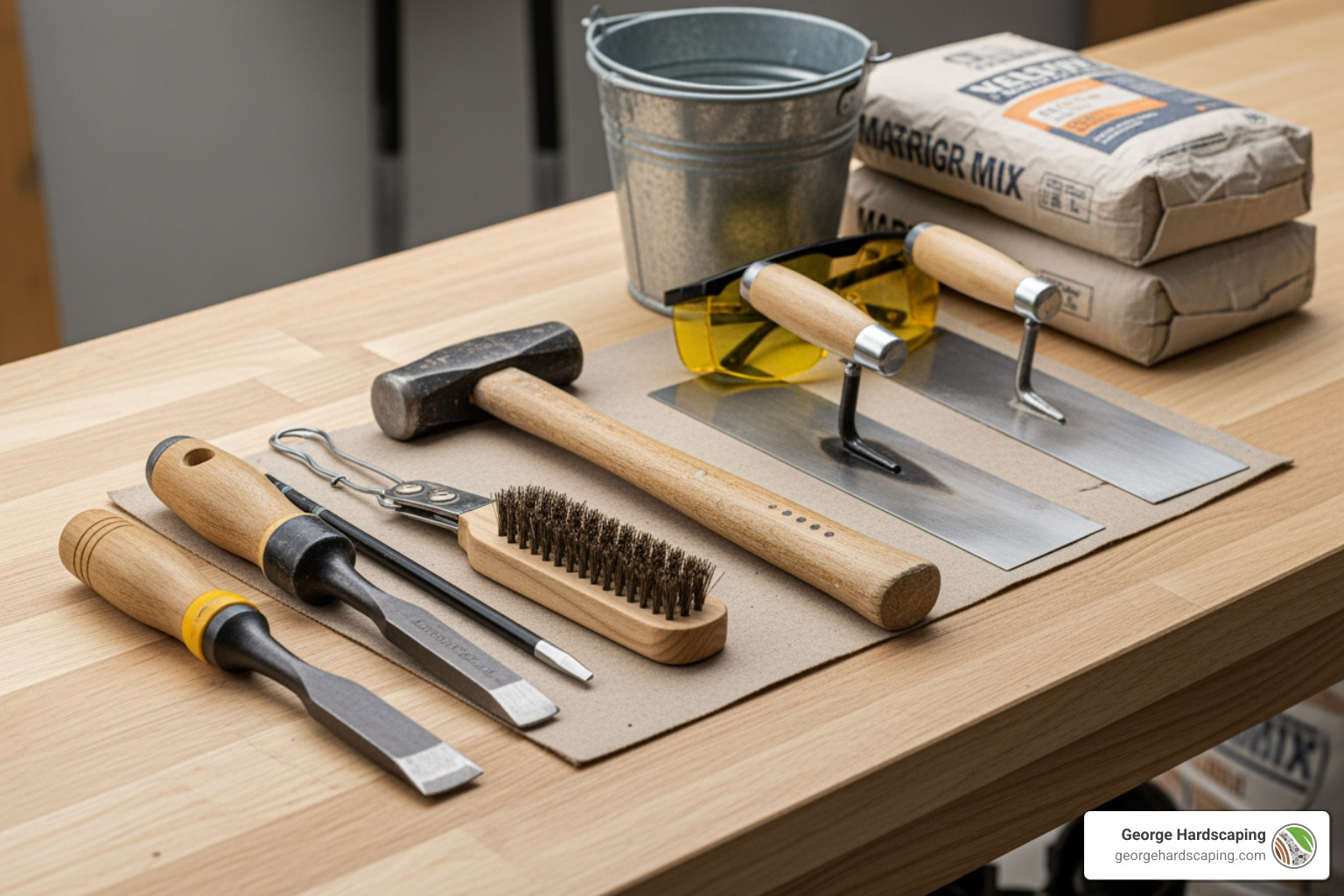 Essential masonry repair tools and materials neatly arranged on a workbench, including a cold chisel, hammer, wire brush, pointing trowel, margin trowel, bucket, safety glasses, and bags of mortar mix - how to repair cracks in stone retaining wall