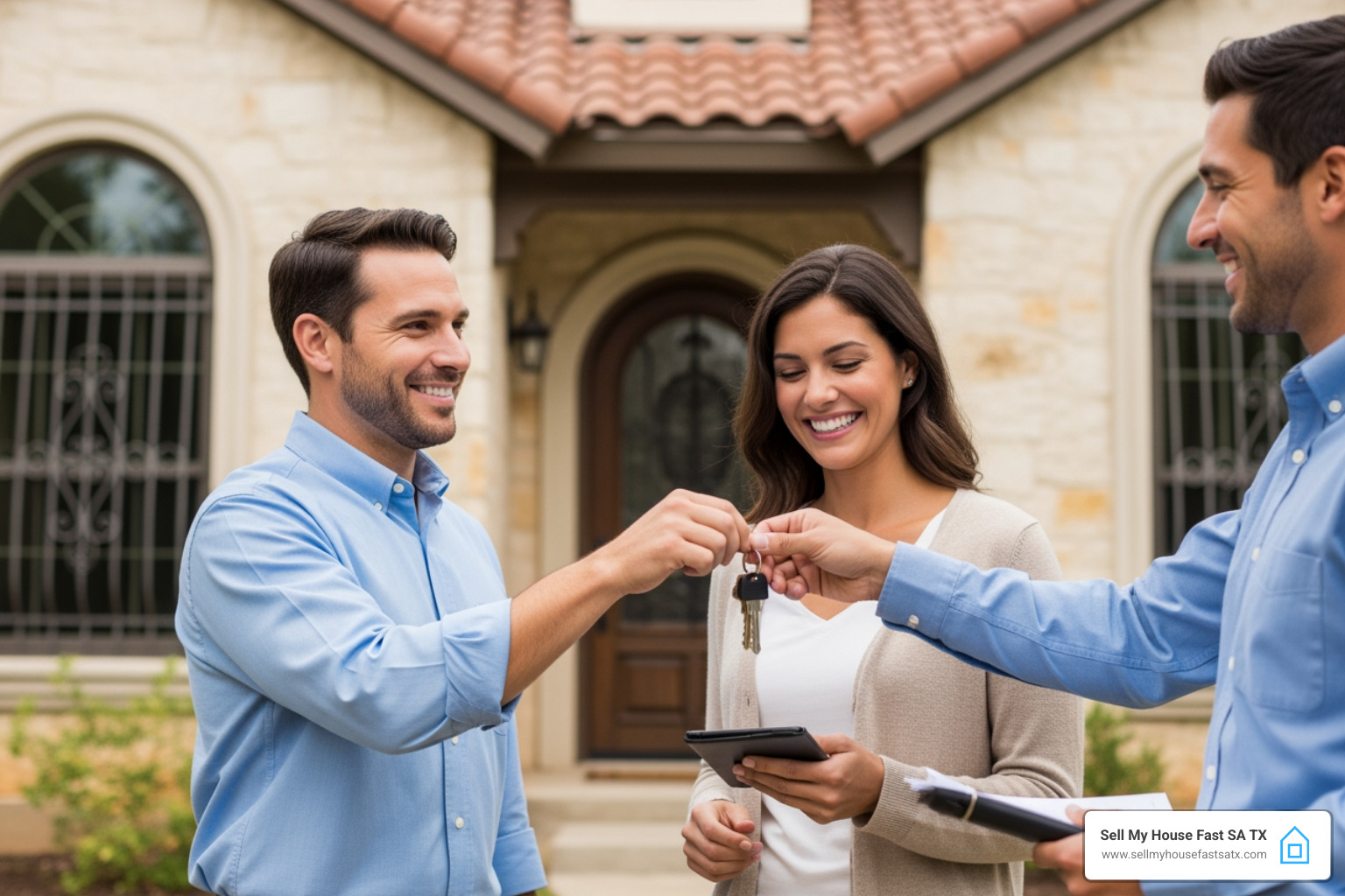 Homeowner happily handing over keys to Sell My House Fast SA TX - houses in san antonio