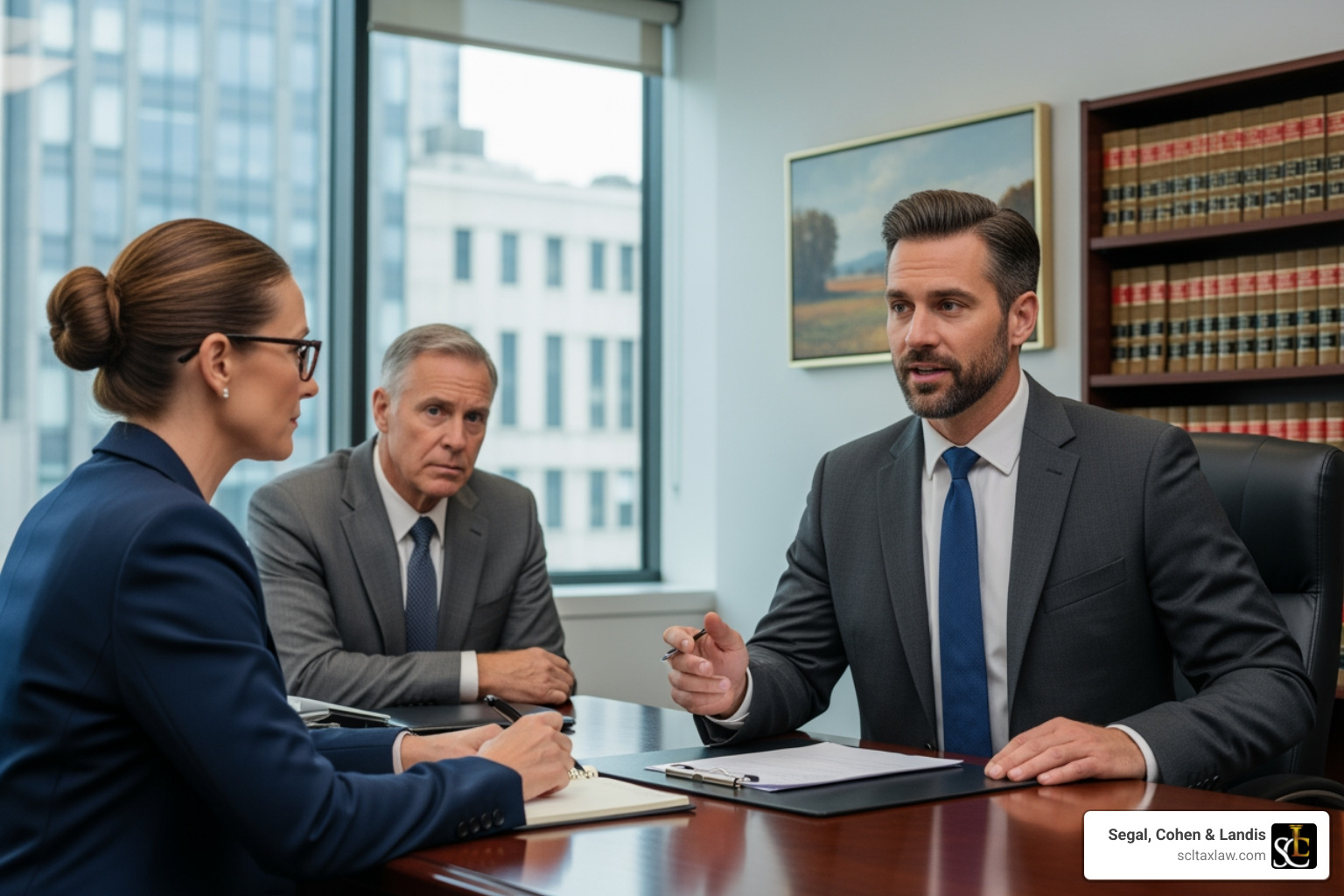 A lawyer confidently speaking with an IRS agent on behalf of a client - IRS audit defense lawyer