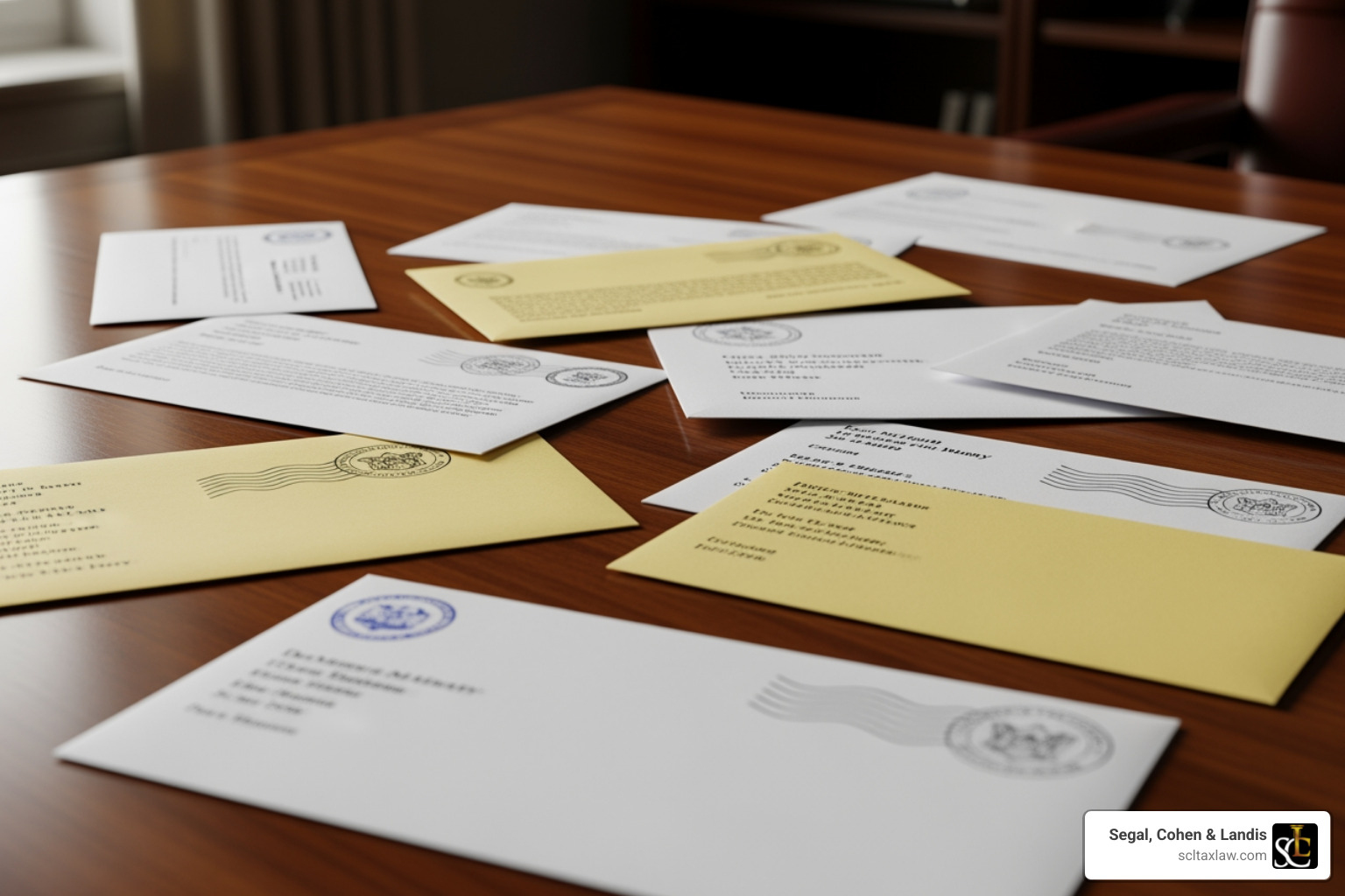 a desk with letters for a correspondence audit - IRS audit defense lawyer