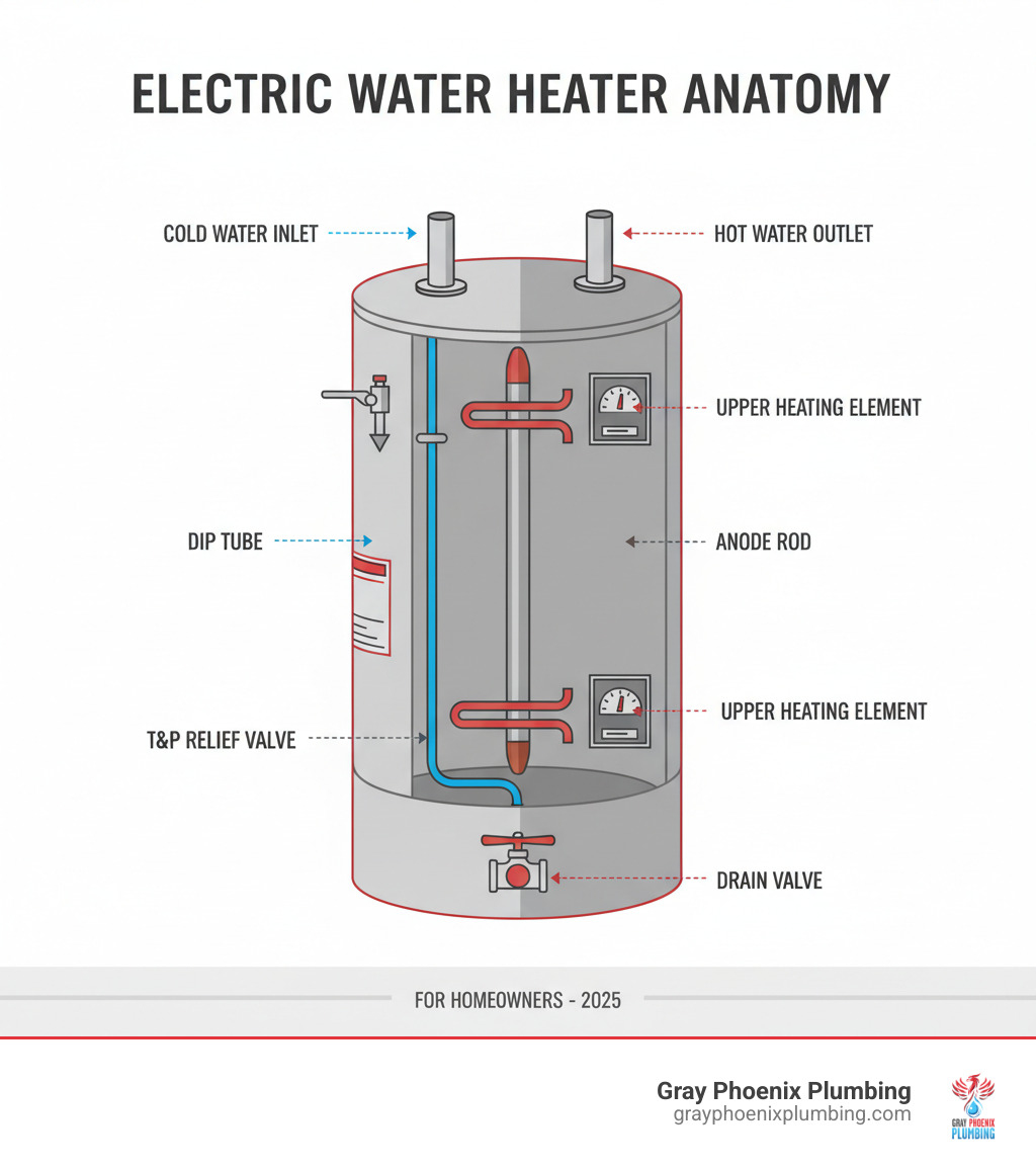 infographic showing electric water heater anatomy with labeled parts including tank, upper and lower heating elements, thermostats, anode rod, drain valve, T&P relief valve, cold water inlet, hot water outlet, and dip tube - electric water heater service infographic infographic showing electric water heater anatomy with labeled parts including tank, upper and lower heating elements, thermostats, anode rod, drain valve, T&P relief valve, cold water inlet, hot water outlet, and dip tube - electric water heater service infographic