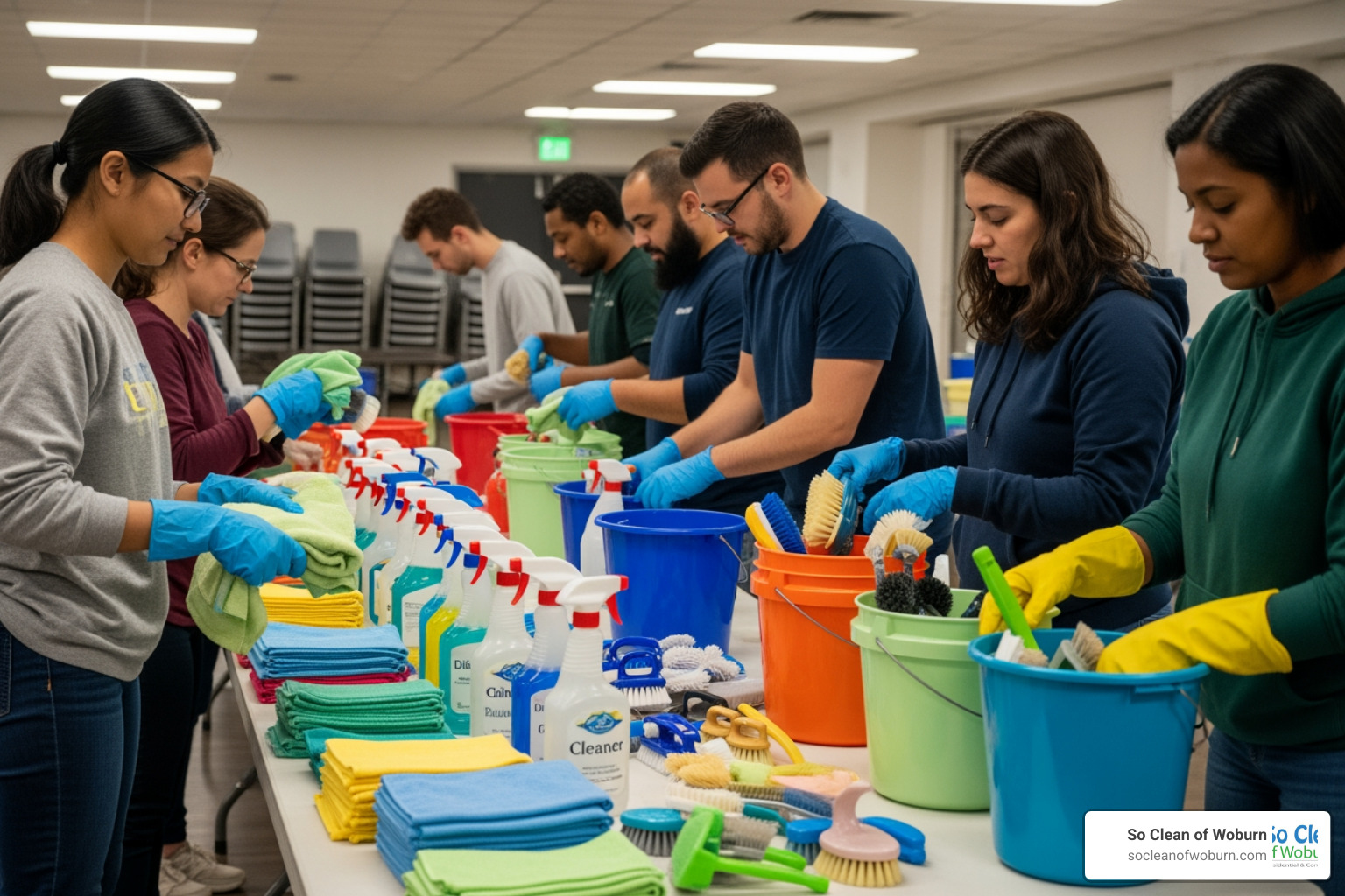 A volunteer team organizing cleaning supplies, with various cleaning products and tools neatly arranged on a table. - Monthly church cleaning