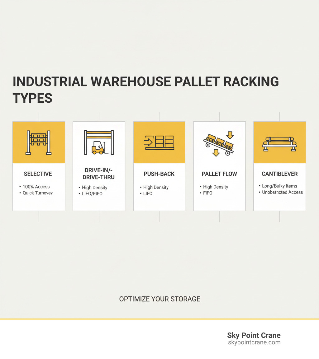 Infographic detailing key industrial warehouse pallet racking types: Selective (100% access, quick turnover), Drive-In/Drive-Thru (high density, LIFO/FIFO), Push-Back (high density, LIFO), Pallet Flow (high density, FIFO), Cantilever (long/bulky items). - industrial warehouse pallet racking infographic Infographic detailing key industrial warehouse pallet racking types: Selective (100% access, quick turnover), Drive-In/Drive-Thru (high density, LIFO/FIFO), Push-Back (high density, LIFO), Pallet Flow (high density, FIFO), Cantilever (long/bulky items). - industrial warehouse pallet racking infographic