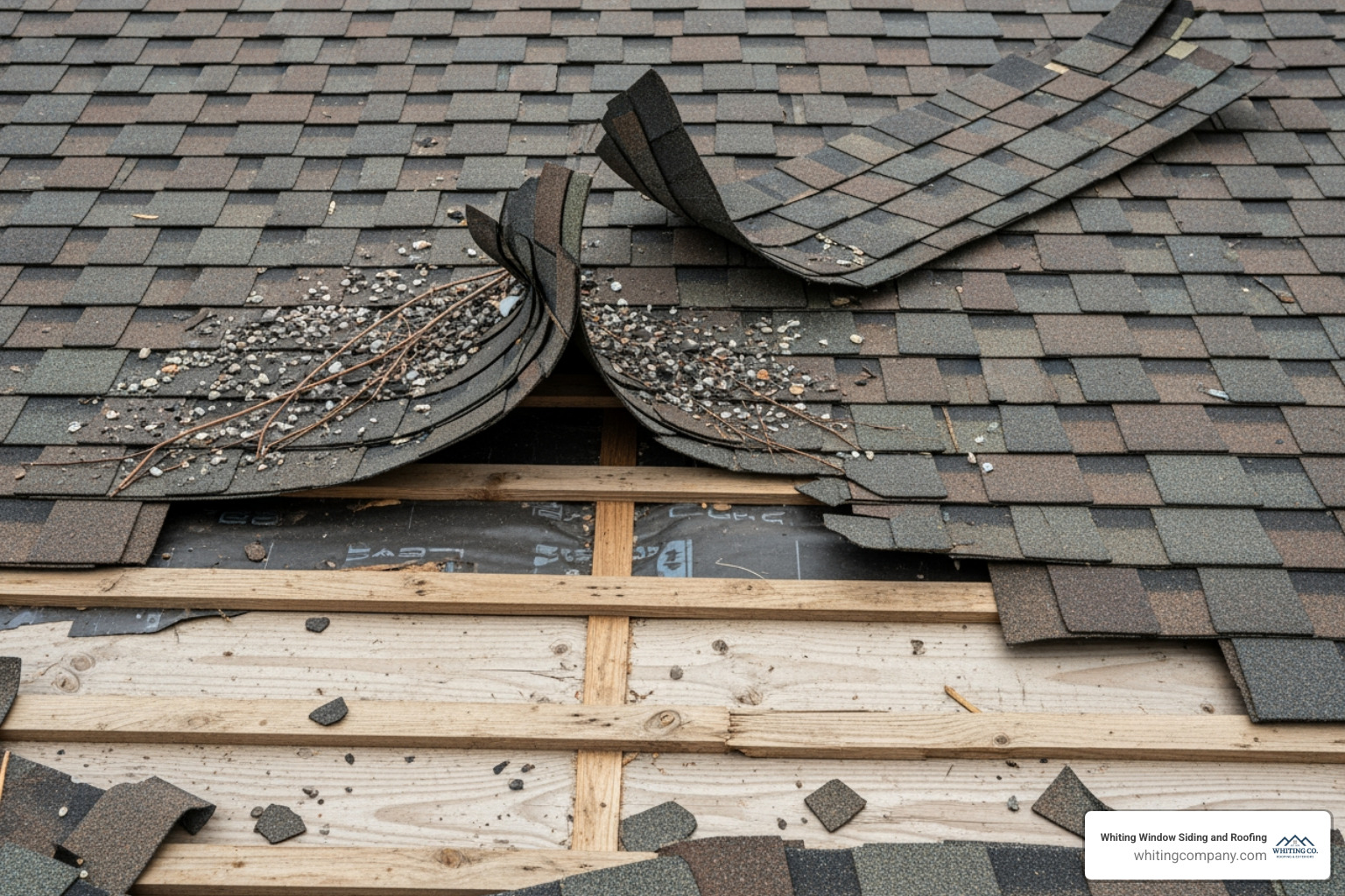 storm-damaged shingles on a roof - roofing services baltimore md