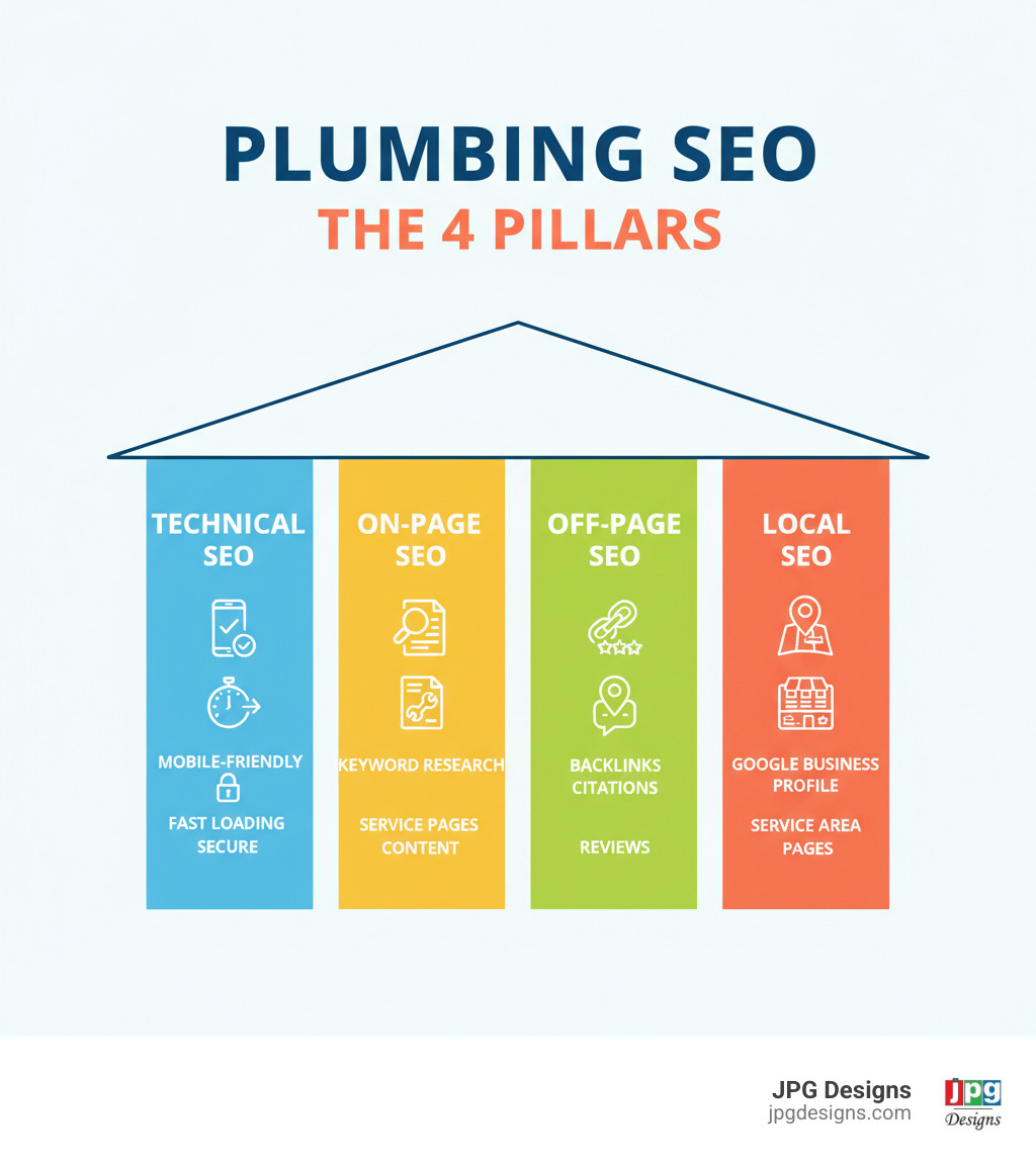 Infographic showing the four pillars of plumbing SEO: Technical SEO (mobile-friendly, fast loading, secure), On-Page SEO (keyword research, service pages, content), Off-Page SEO (backlinks, citations, reviews), and Local SEO (Google Business Profile, local pack, service area pages) - plumbing SEO marketing infographic 