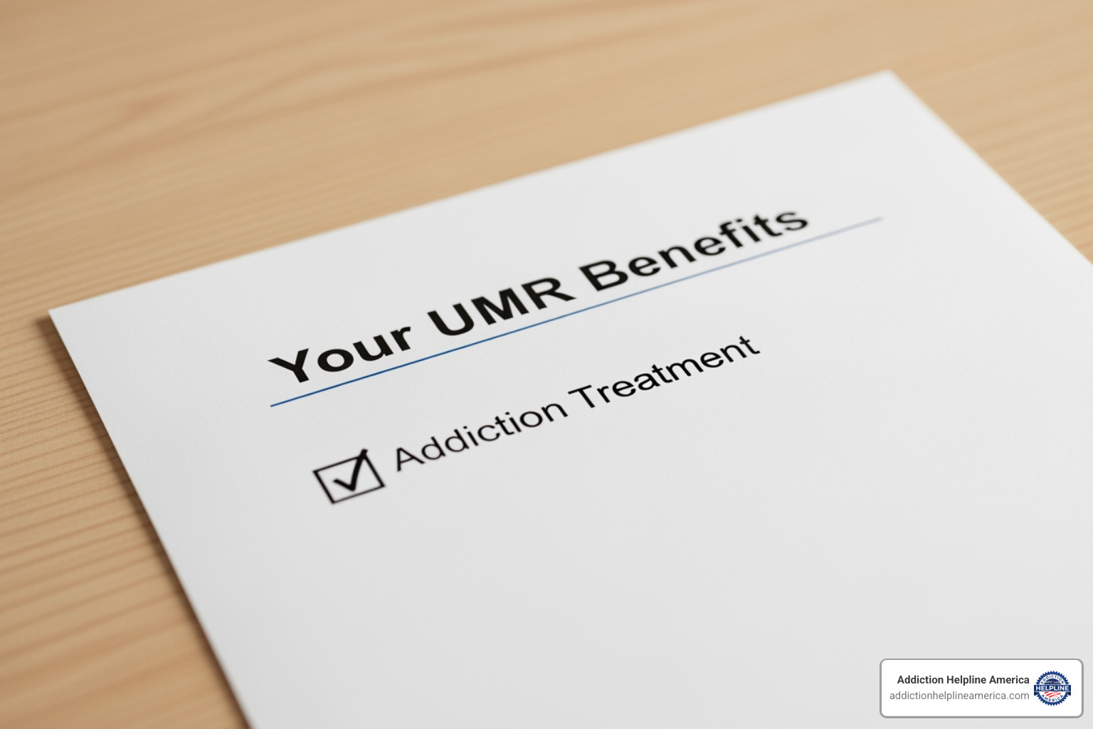 Document titled "Your UMR Benefits" with a checkmark next to "Addiction Treatment" - UMR Insurance Coverage for Drug and Alcohol Rehab