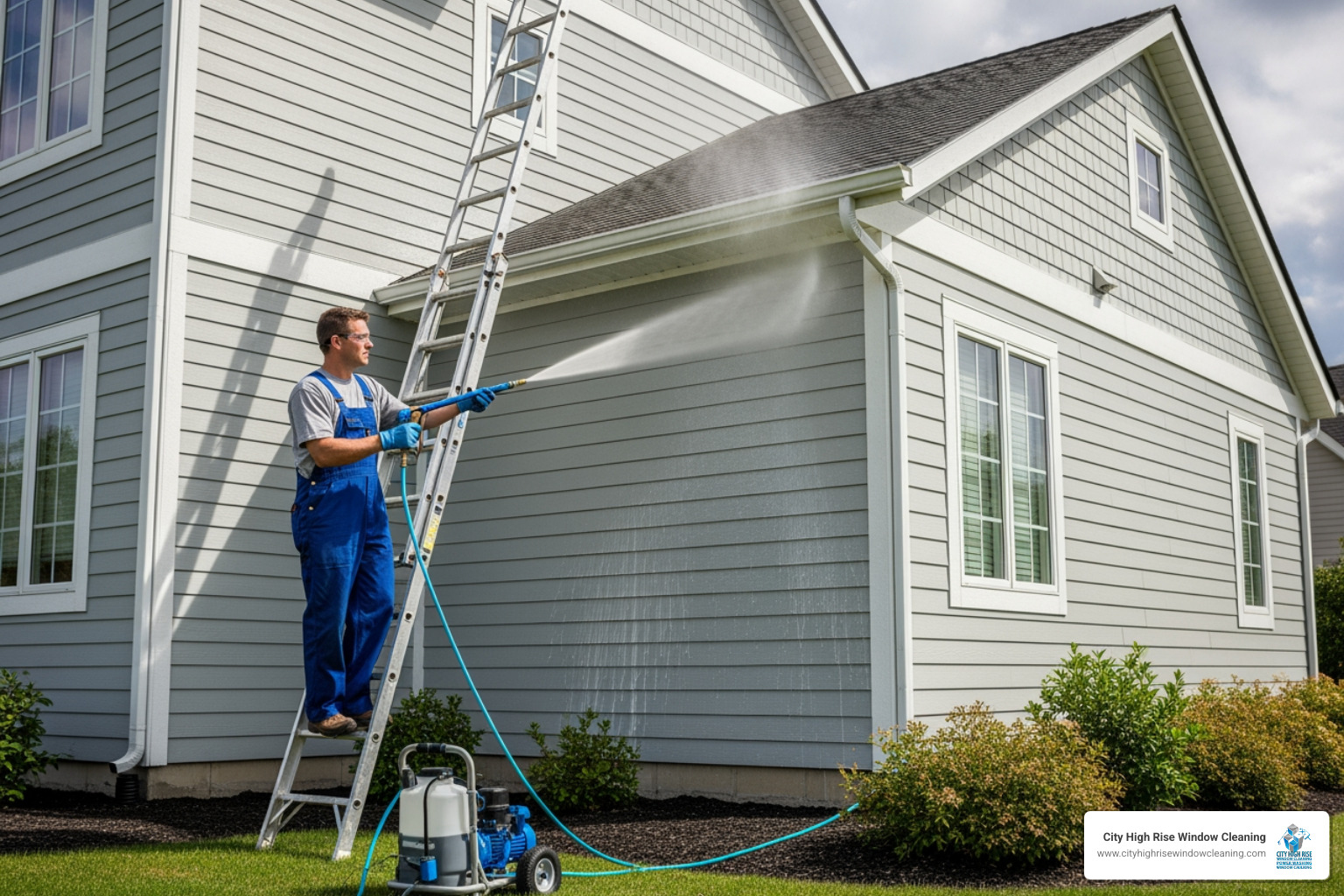 technician safely soft washing a house - Westchester exterior cleaning technician safely soft washing a house - Westchester exterior cleaning