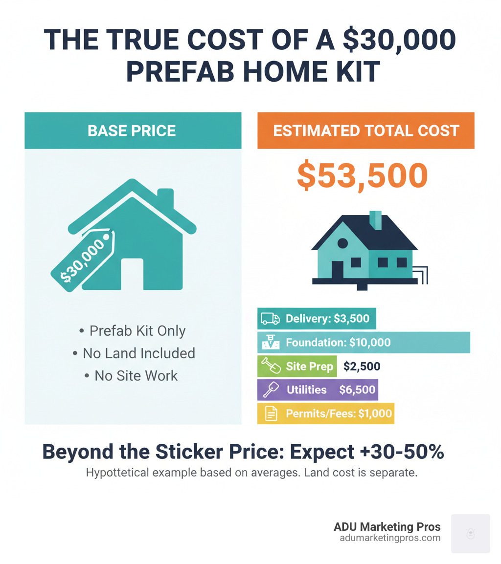 Table comparing the base price vs. estimated total cost for a hypothetical $30,000 prefab kit - inexpensive prefab infographic Table comparing the base price vs. estimated total cost for a hypothetical $30,000 prefab kit - inexpensive prefab infographic