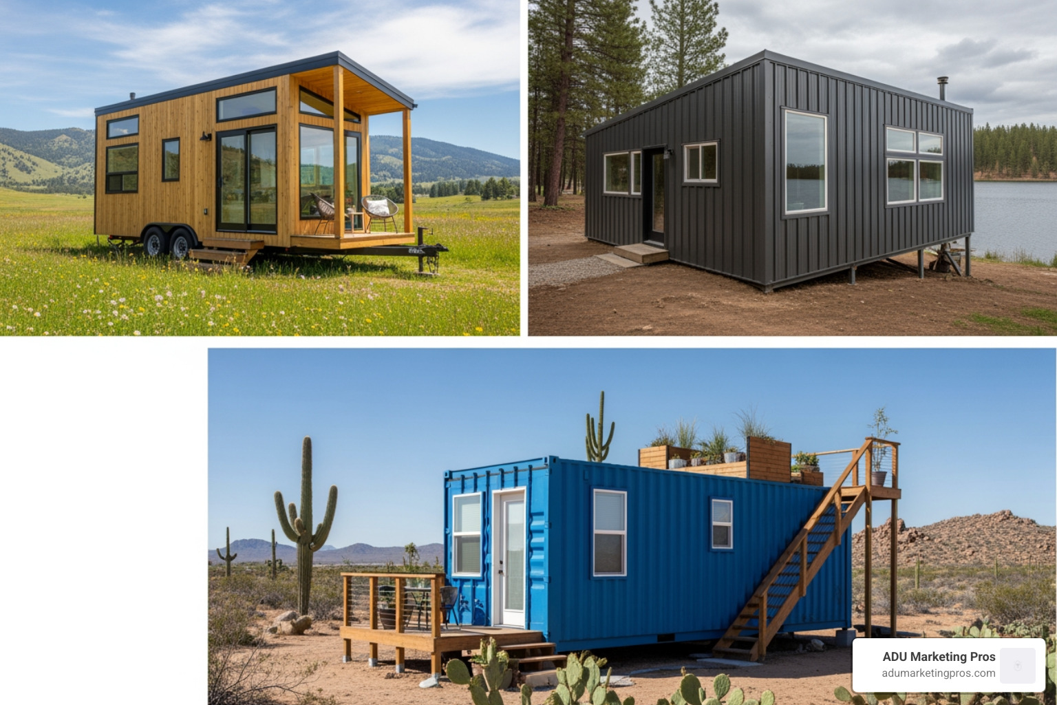 Collage showcasing different styles of inexpensive prefab homes including a tiny home, a metal kit home, and a container home - inexpensive prefab Collage showcasing different styles of inexpensive prefab homes including a tiny home, a metal kit home, and a container home - inexpensive prefab
