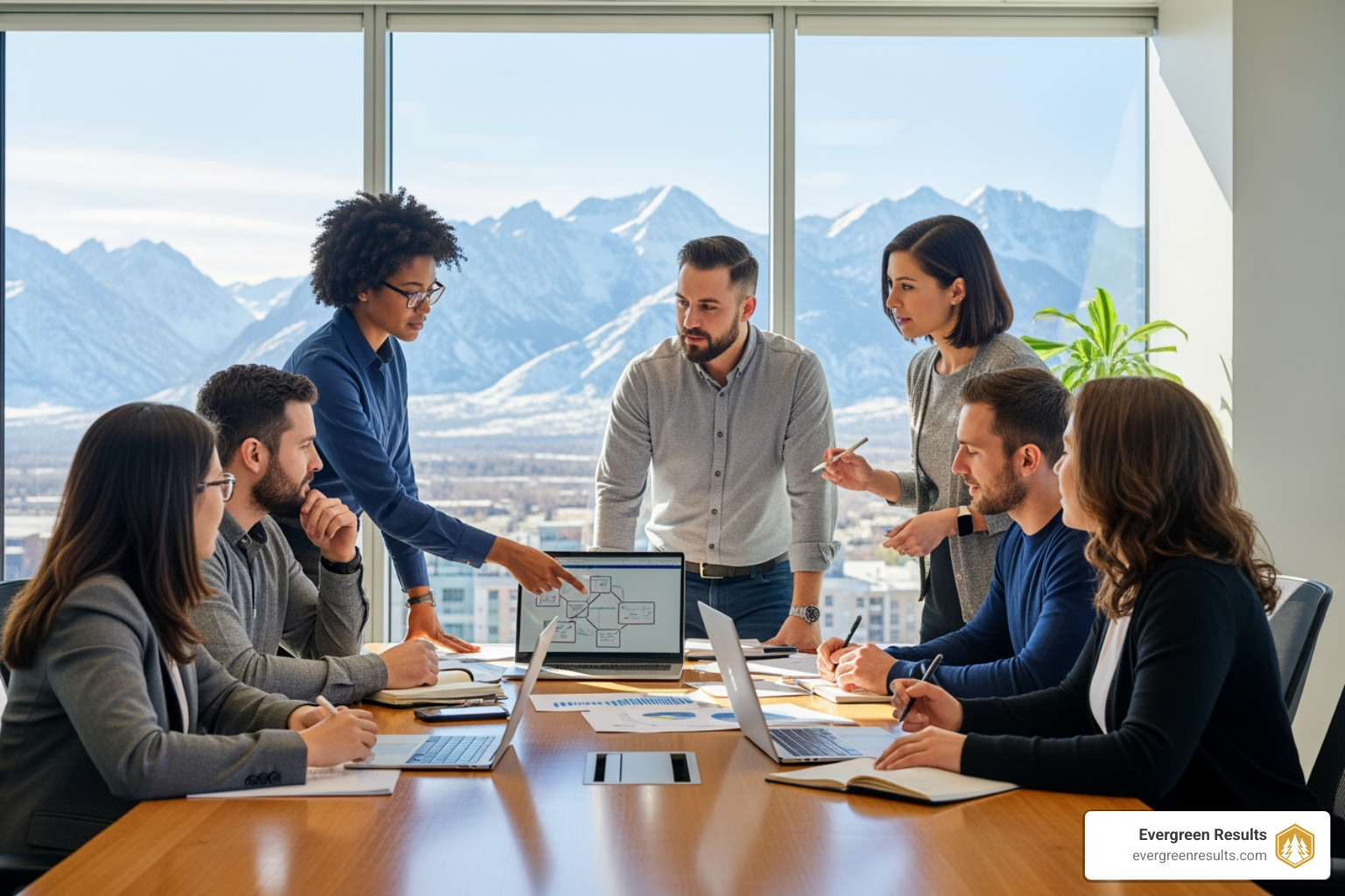 Team collaborating in a modern office with a view of the Rockies - website design colorado