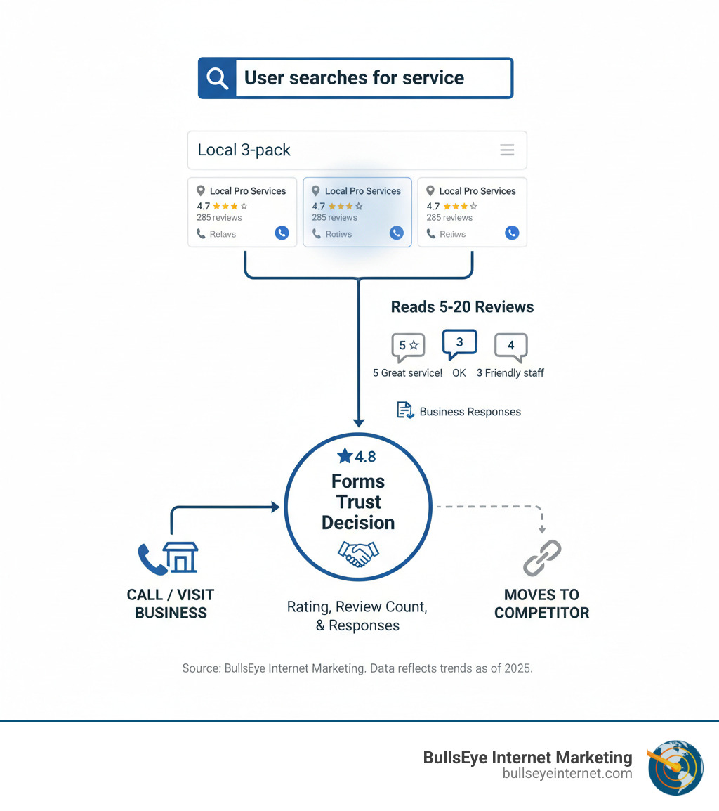 Infographic showing the customer journey from Google search to business decision: User searches for service → Sees local 3-pack results with star ratings → Reads 5-20 reviews → Forms trust decision based on rating, review count, and business responses → Either calls/visits business or moves to competitor - google my business reputation management infographic Infographic showing the customer journey from Google search to business decision: User searches for service → Sees local 3-pack results with star ratings → Reads 5-20 reviews → Forms trust decision based on rating, review count, and business responses → Either calls/visits business or moves to competitor - google my business reputation management infographic