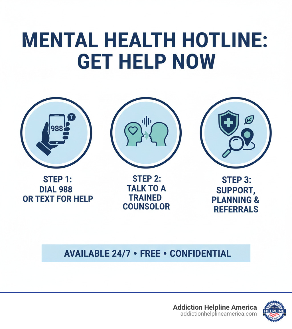 Infographic showing the mental health hotline process: Step 1 - Dial 988 or text for help; Step 2 - Talk to a trained counselor who listens without judgment; Step 3 - Get immediate support, safety planning, and referrals to treatment or local services; Available 24/7, Free, Confidential - mental health hotline infographic 