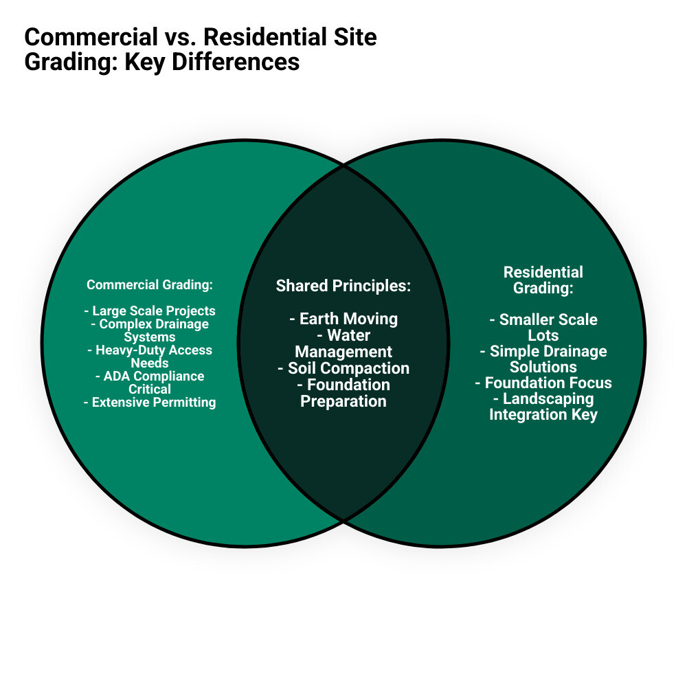 comparison table of commercial vs residential grading - Commercial site grading infographic venn_diagram