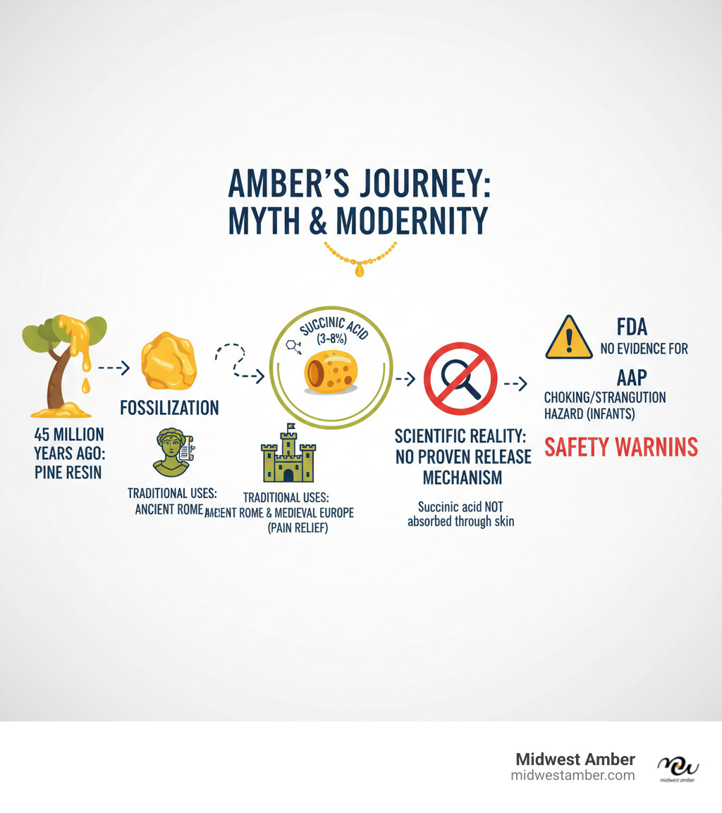 infographic showing amber's journey from 45-million-year-old pine resin to modern jewelry, highlighting succinic acid content, traditional uses for pain in ancient Rome and medieval Europe, the scientific reality of no proven release mechanism, and modern safety warnings from FDA and AAP - Amber for pain infographic 