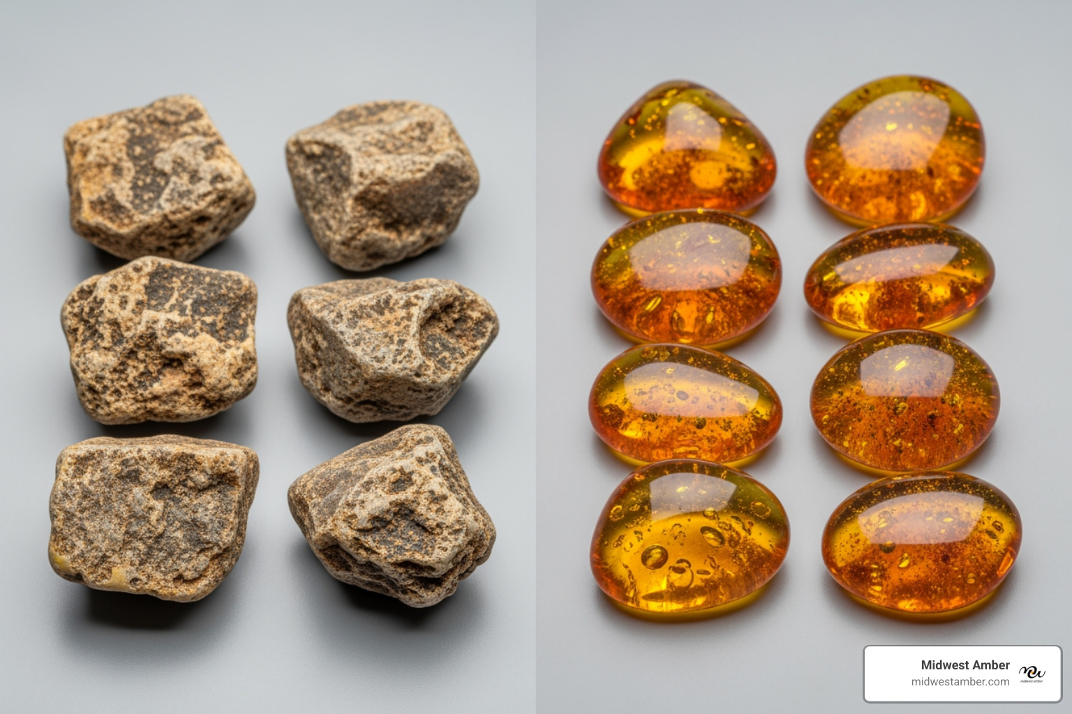 raw and polished Baltic amber pieces side-by-side - Amber for pain