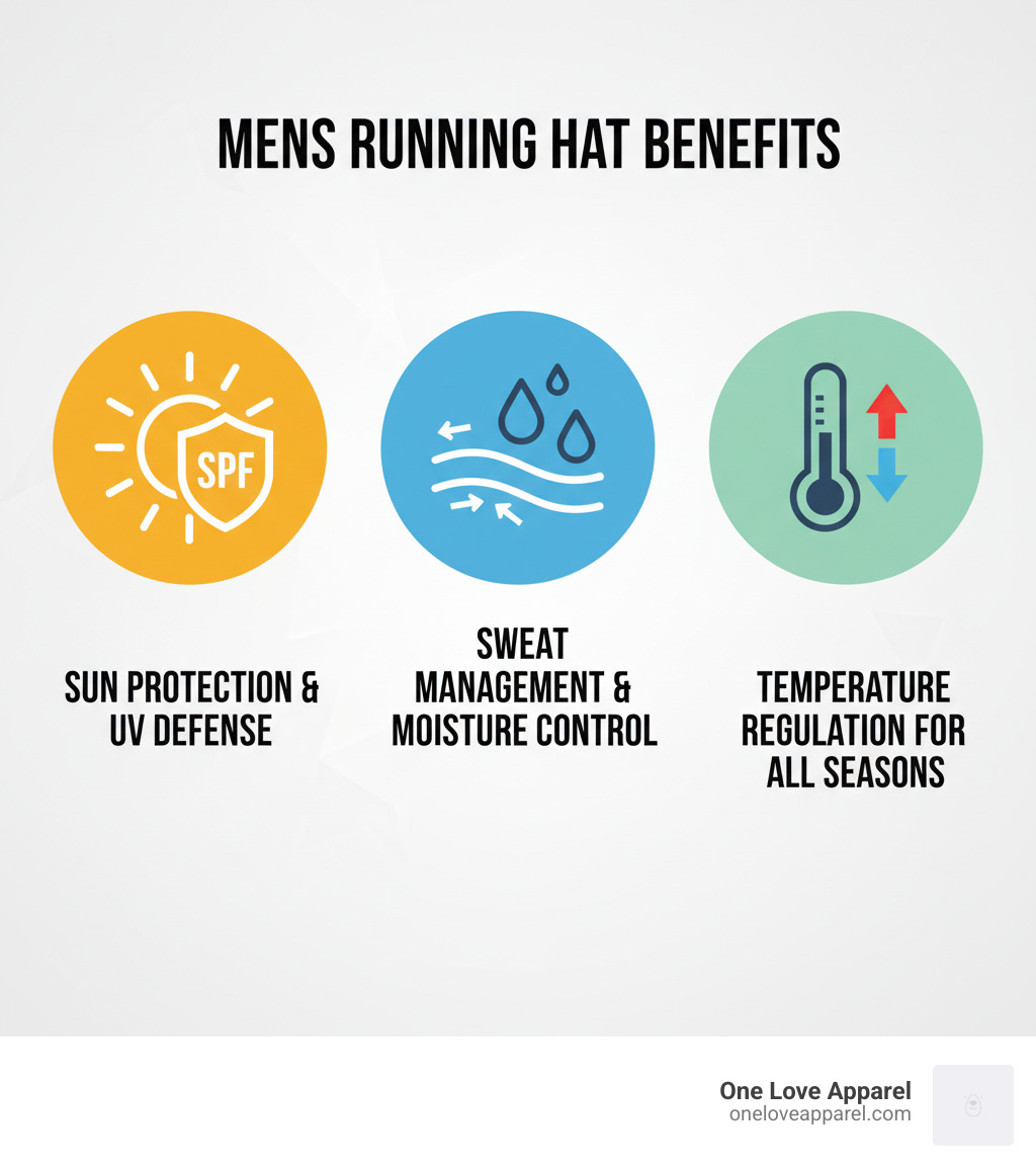 infographic showing three circular icons: a sun with SPF shield labeled Sun Protection and UV Defense, water droplets being wicked away labeled Sweat Management and Moisture Control, and a thermometer with arrows labeled Temperature Regulation for All Seasons - mens running hat infographic 