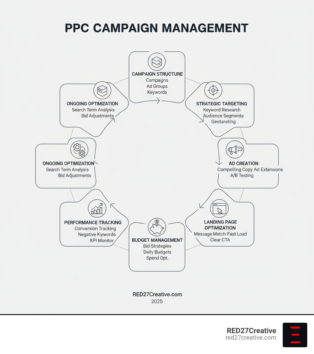 Infographic showing the key components of PPC campaign management: Campaign Structure (campaigns, ad groups, keywords), Strategic Targeting (keyword research, audience segmentation, geotargeting), Ad Creation (compelling copy, ad extensions, A/B testing), Landing Page Optimization (message match, fast load speed, clear CTA), Budget Management (bid strategies, daily budgets, spend optimization), Performance Tracking (conversion tracking, analytics integration, KPI monitoring), and Ongoing Optimization (search term analysis, negative keywords, bid adjustments) - PPC campaign management infographic Infographic showing the key components of PPC campaign management: Campaign Structure (campaigns, ad groups, keywords), Strategic Targeting (keyword research, audience segmentation, geotargeting), Ad Creation (compelling copy, ad extensions, A/B testing), Landing Page Optimization (message match, fast load speed, clear CTA), Budget Management (bid strategies, daily budgets, spend optimization), Performance Tracking (conversion tracking, analytics integration, KPI monitoring), and Ongoing Optimization (search term analysis, negative keywords, bid adjustments) - PPC campaign management infographic