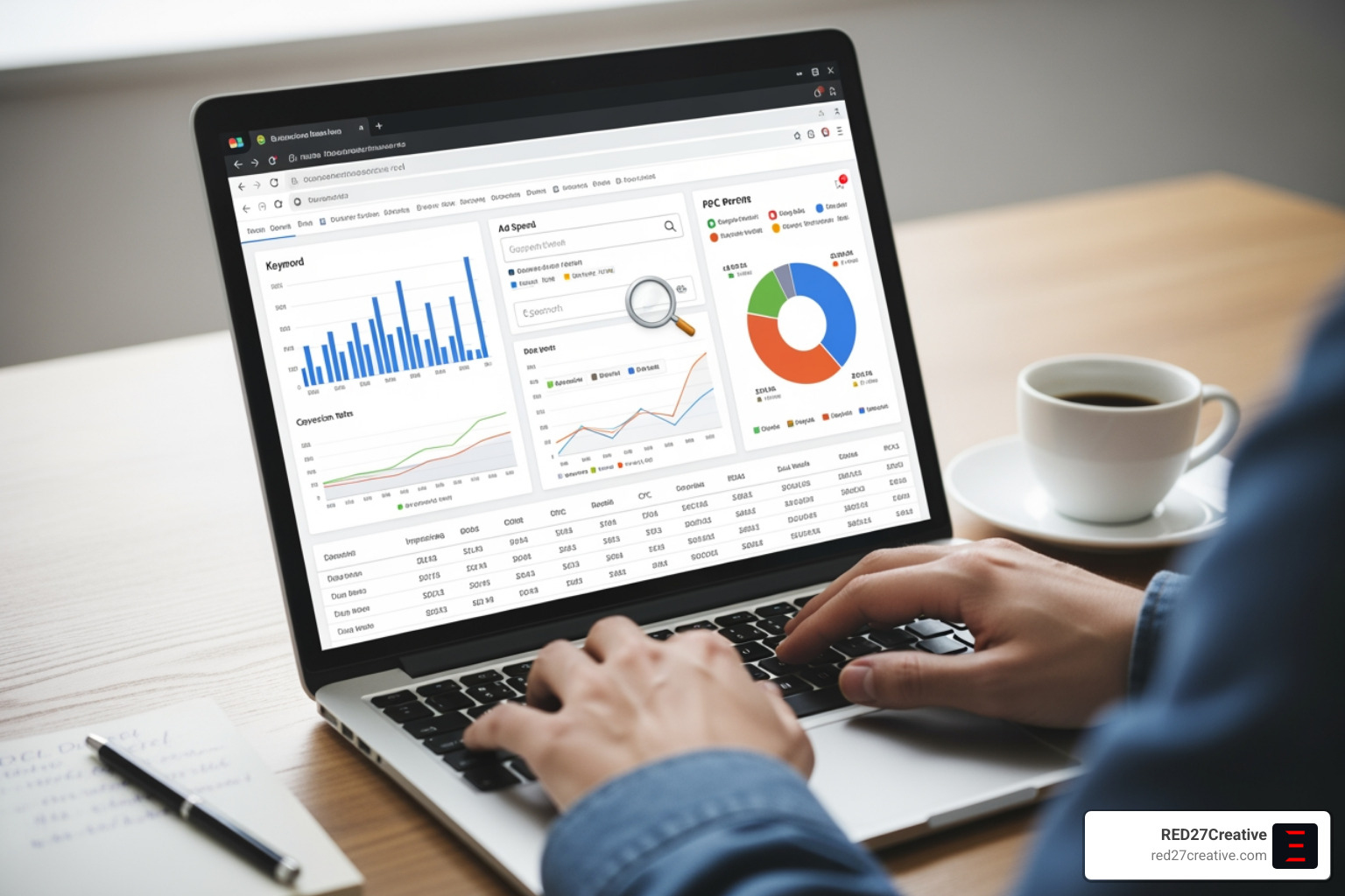 A detailed analytics report displaying various PPC metrics such as Impressions, Clicks, CTR, CPC, Conversions, and Conversion Rate over time, with trends and segmented data. - PPC campaign management A detailed analytics report displaying various PPC metrics such as Impressions, Clicks, CTR, CPC, Conversions, and Conversion Rate over time, with trends and segmented data. - PPC campaign management