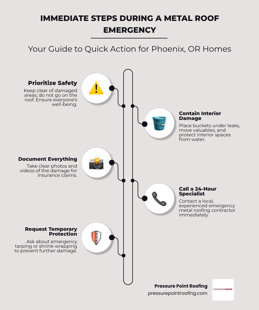 Infographic showing emergency metal roof repair process: Step 1 - Secure the area and document damage with photos, Step 2 - Contact 24-hour metal roofing specialist immediately, Step 3 - Emergency team arrives for assessment, Step 4 - Temporary protection applied (tarping or shrink wrap), Step 5 - Permanent repairs scheduled and completed, Step 6 - Final inspection and warranty documentation - 24 hour metal roofing in phoenix, or infographic infographic-line-5-steps-elegant_beige