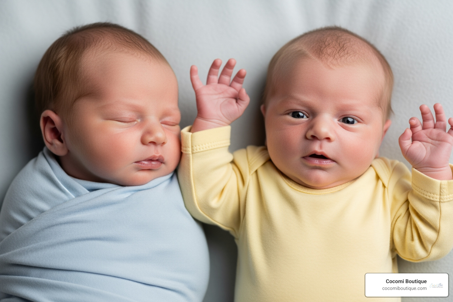 calm, swaddled baby next to baby startled by Moro reflex - swaddles