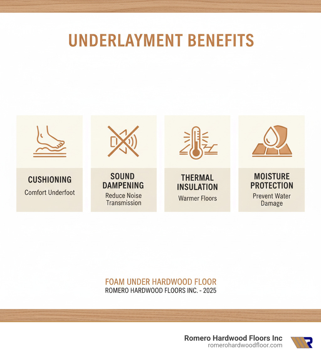 infographic showing four main benefits of underlayment: cushioning for comfort underfoot, sound dampening to reduce noise transmission, thermal insulation for warmer floors, and moisture protection to prevent water damage - foam under hardwood floor infographic 