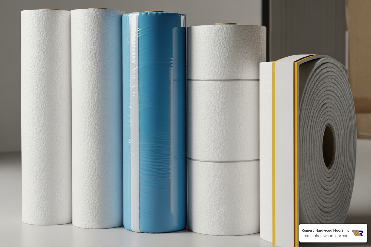 different types of foam underlayment rolls (e.g., basic, with film, with adhesive strip) - foam under hardwood floor