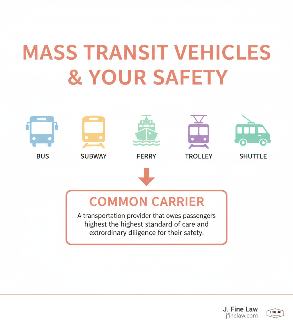 Infographic showing the types of mass transit vehicles (bus, train, subway, ferry, trolley, shuttle) with icons, and defining a common carrier as a transportation provider that owes passengers the highest standard of care and extraordinary diligence for their safety - mass transit accident lawyer infographic Infographic showing the types of mass transit vehicles (bus, train, subway, ferry, trolley, shuttle) with icons, and defining a common carrier as a transportation provider that owes passengers the highest standard of care and extraordinary diligence for their safety - mass transit accident lawyer infographic