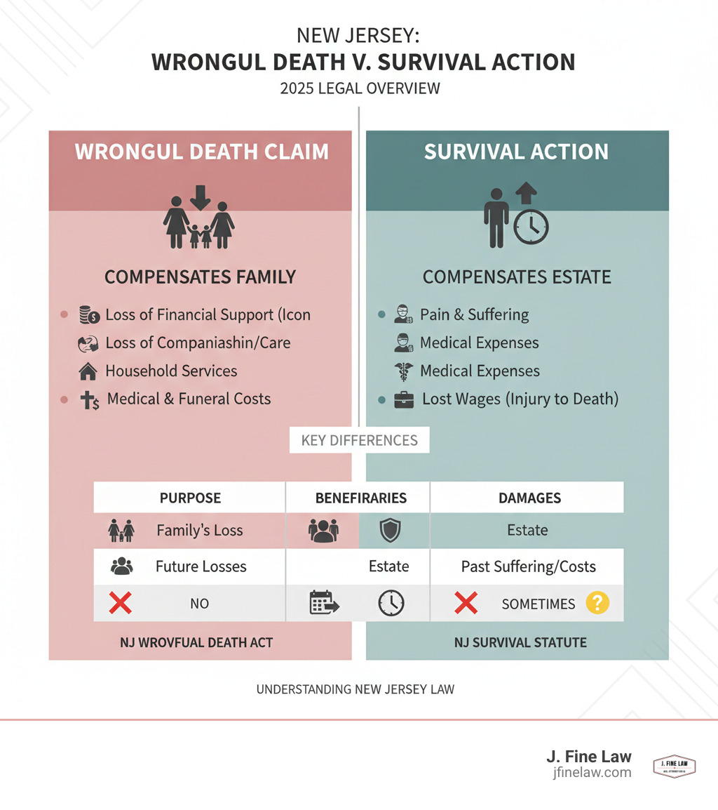Table comparing the key aspects of a wrongful death claim versus a survival action in New Jersey - wrongful death lawyer new jersey infographic Table comparing the key aspects of a wrongful death claim versus a survival action in New Jersey - wrongful death lawyer new jersey infographic