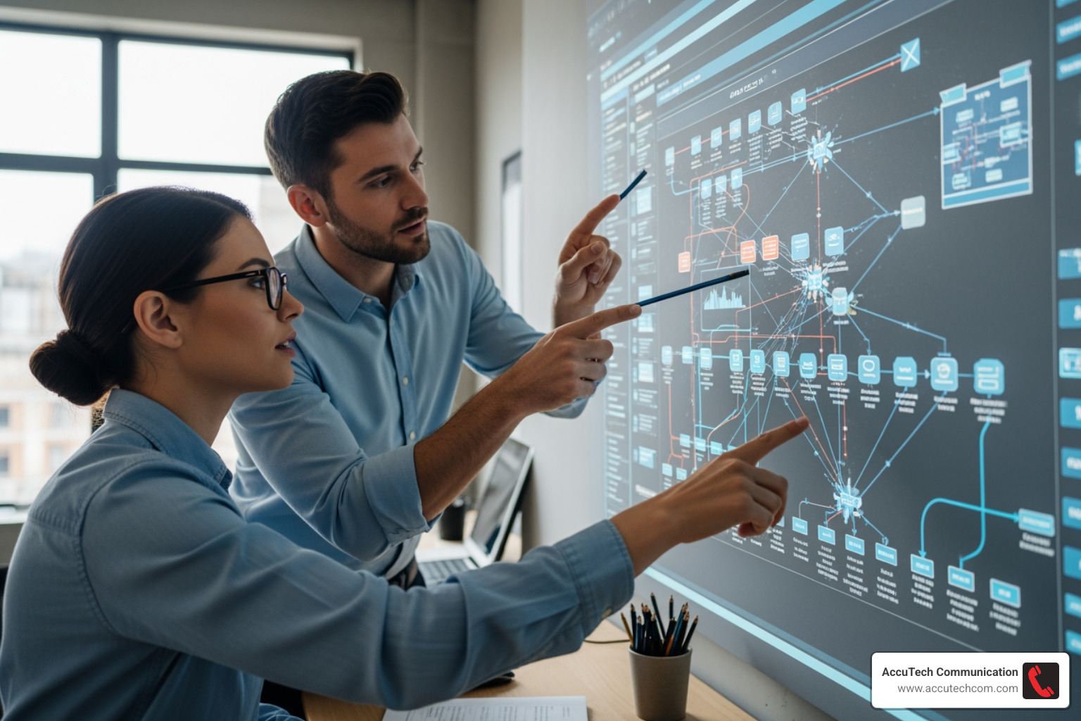 Network engineers collaborating over a network diagram, discussing security protocols and performance optimization. - network infrastructure experts