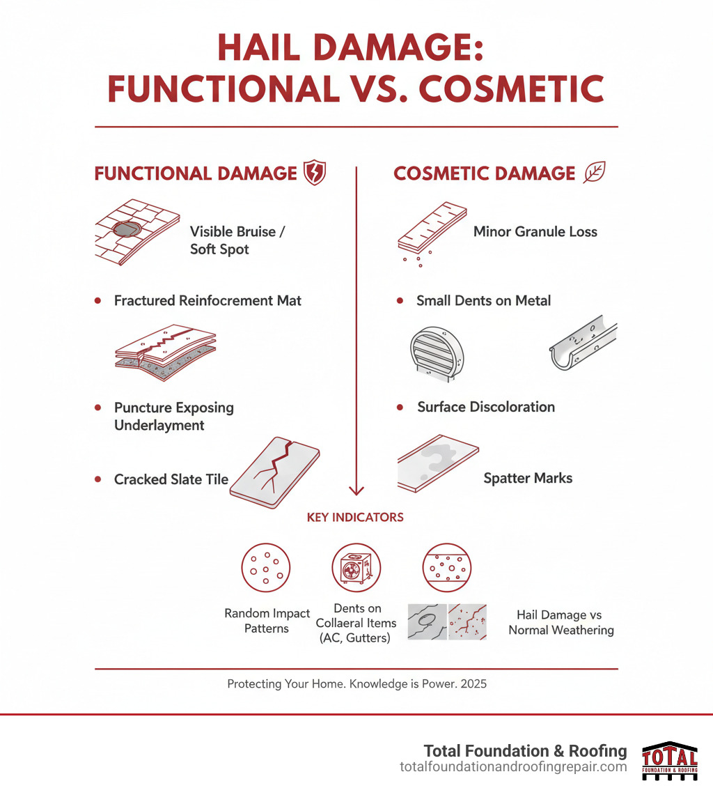 Infographic showing the difference between functional hail damage (asphalt shingle with visible bruise or soft spot, fracture in reinforcement mat, puncture exposing underlayment, cracked slate tile) and cosmetic hail damage (minor granule loss on shingle edges, small dents on metal vents and gutters, surface discoloration, spatter marks on metal). Includes visual indicators like random impact patterns, dents on collateral items like AC units, and comparison images of hail-caused damage versus normal weathering. - minor hail damage roof infographic 