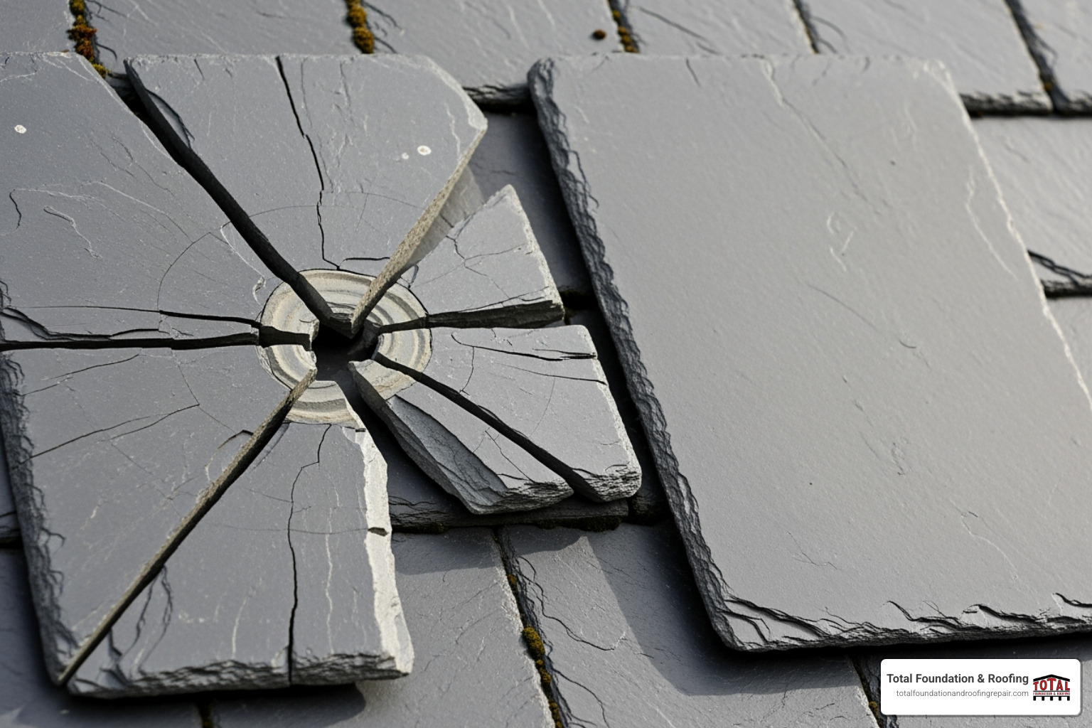 Cracked slate tile next to an intact one - minor hail damage roof