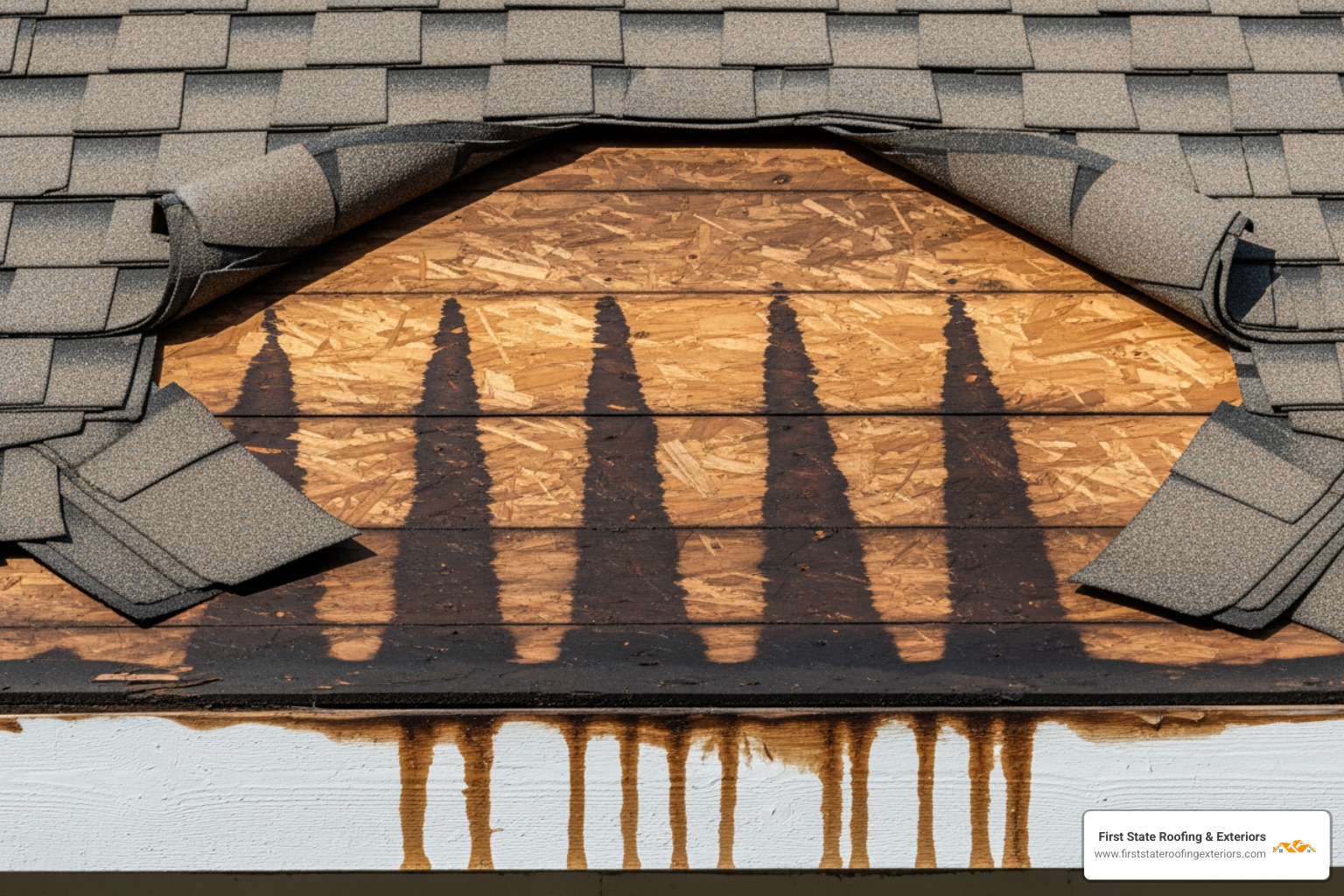 close-up of deteriorated shingles and water stains - roof replacement Milford DE close-up of deteriorated shingles and water stains - roof replacement Milford DE