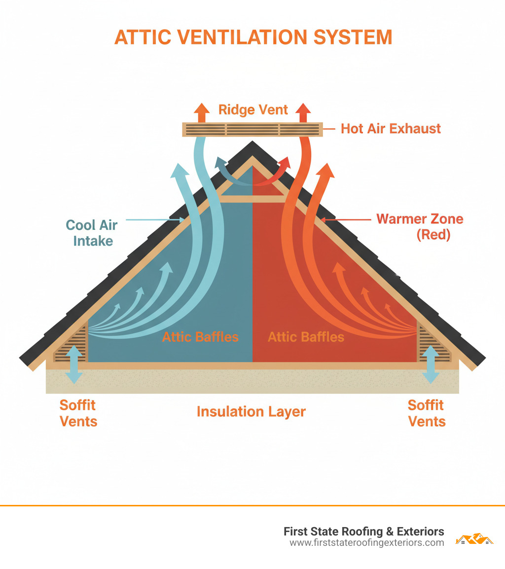 Infographic showing a cross-section of a house with cool air entering through soffit vents at the eaves, rising through the attic space as it warms, and exiting through ridge vents at the roof peak, with arrows indicating airflow direction and labels for key components including soffit vents, attic baffles, insulation layer, ridge vent, and temperature zones - attic ventilation repair infographic 