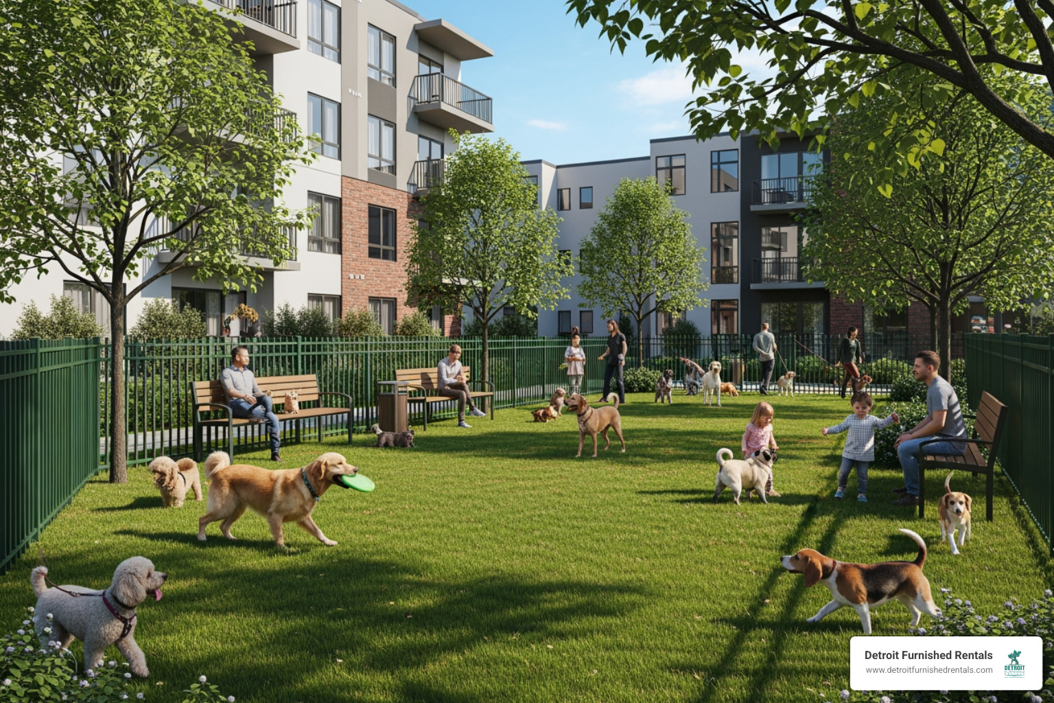 An on-site apartment dog park with residents and their pets - pet friendly apartments Midtown