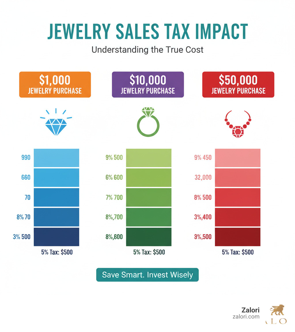 infographic showing sales tax impact on jewelry purchases at $1000, $10000, and $50000 with tax rates from 5% to 9% - how to avoid sales tax on jewelry infographic infographic showing sales tax impact on jewelry purchases at $1000, $10000, and $50000 with tax rates from 5% to 9% - how to avoid sales tax on jewelry infographic