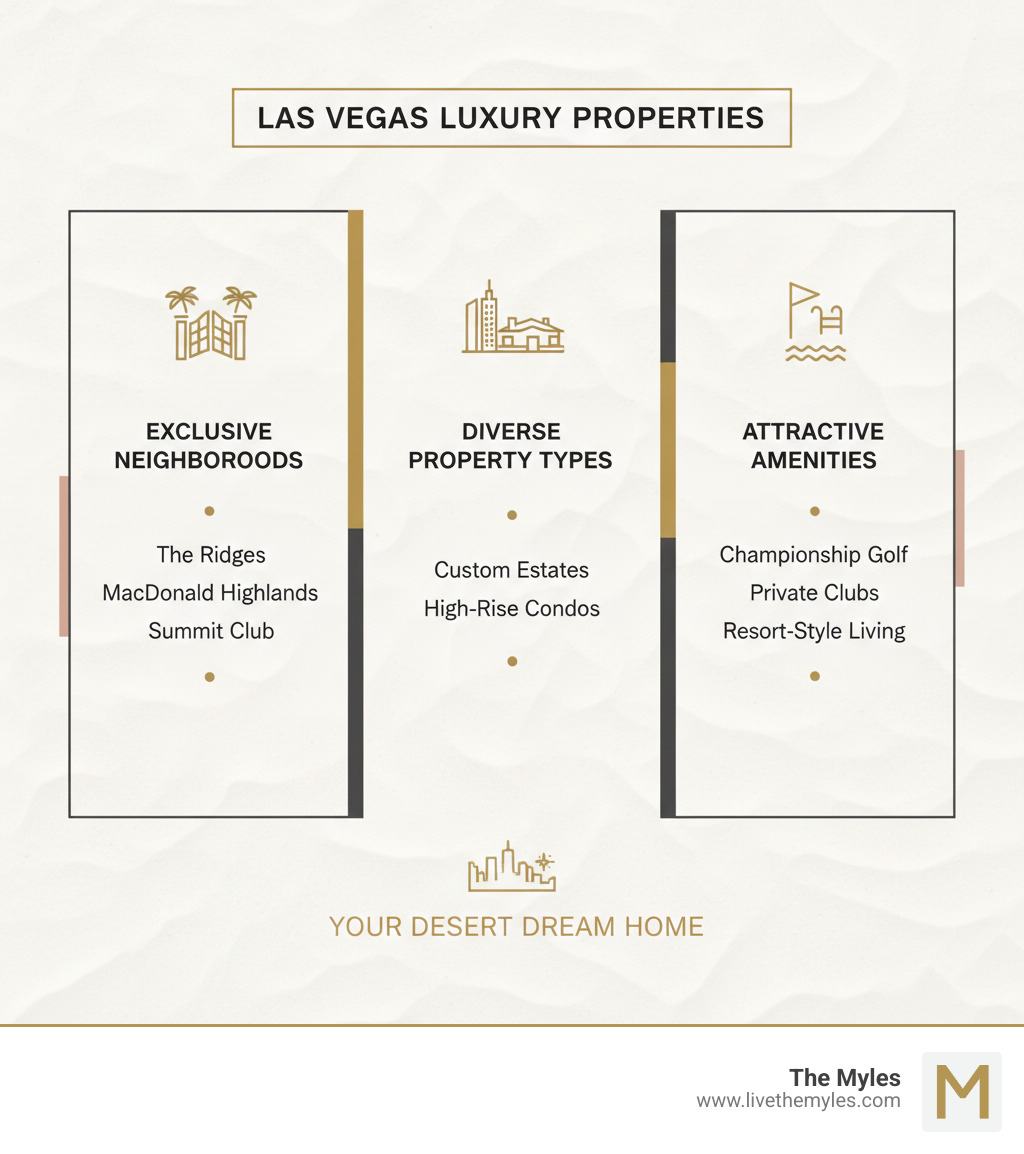 Infographic detailing key factors for buying Las Vegas luxury properties, including exclusive neighborhoods, diverse property types, and attractive amenities. - Las Vegas luxury properties infographic 