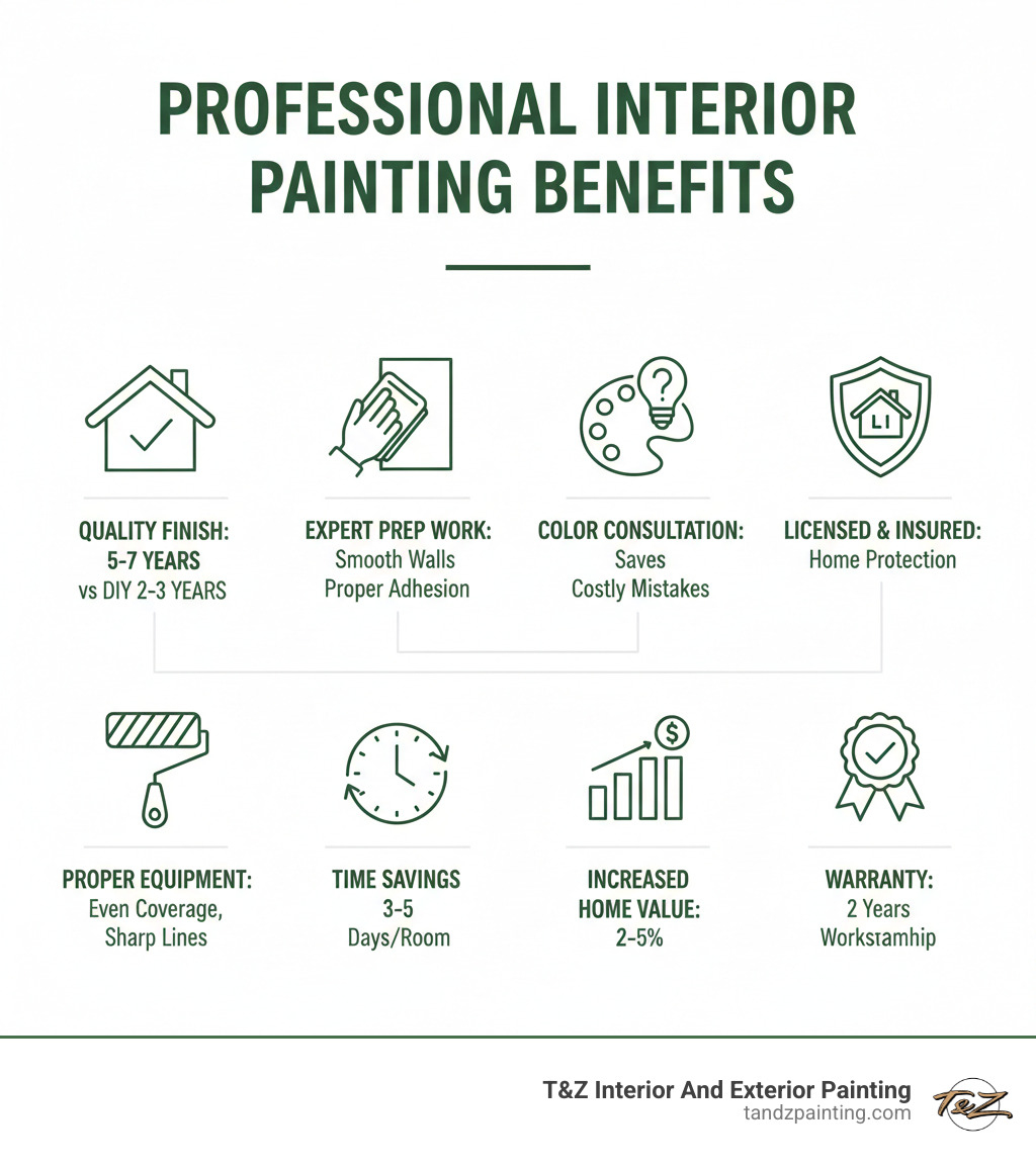 Infographic showing Professional Interior Painting Benefits: Quality finish lasts 5-7 years vs DIY 2-3 years, Professional prep work ensures smooth walls and proper adhesion, Expert color consultation helps avoid mistakes, Licensed and insured protection for your home, Proper equipment for even coverage and sharp lines, Time savings of 3-5 days per room, Increased home value of 2-5% with quality paint job, Warranty coverage typically 2 years on workmanship - interior painting elmhurst infographic Infographic showing Professional Interior Painting Benefits: Quality finish lasts 5-7 years vs DIY 2-3 years, Professional prep work ensures smooth walls and proper adhesion, Expert color consultation helps avoid mistakes, Licensed and insured protection for your home, Proper equipment for even coverage and sharp lines, Time savings of 3-5 days per room, Increased home value of 2-5% with quality paint job, Warranty coverage typically 2 years on workmanship - interior painting elmhurst infographic