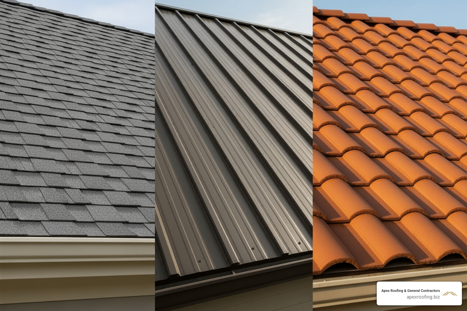 Side-by-side comparison of asphalt, metal, and tile shingles - cost to fix roof shingles Side-by-side comparison of asphalt, metal, and tile shingles - cost to fix roof shingles